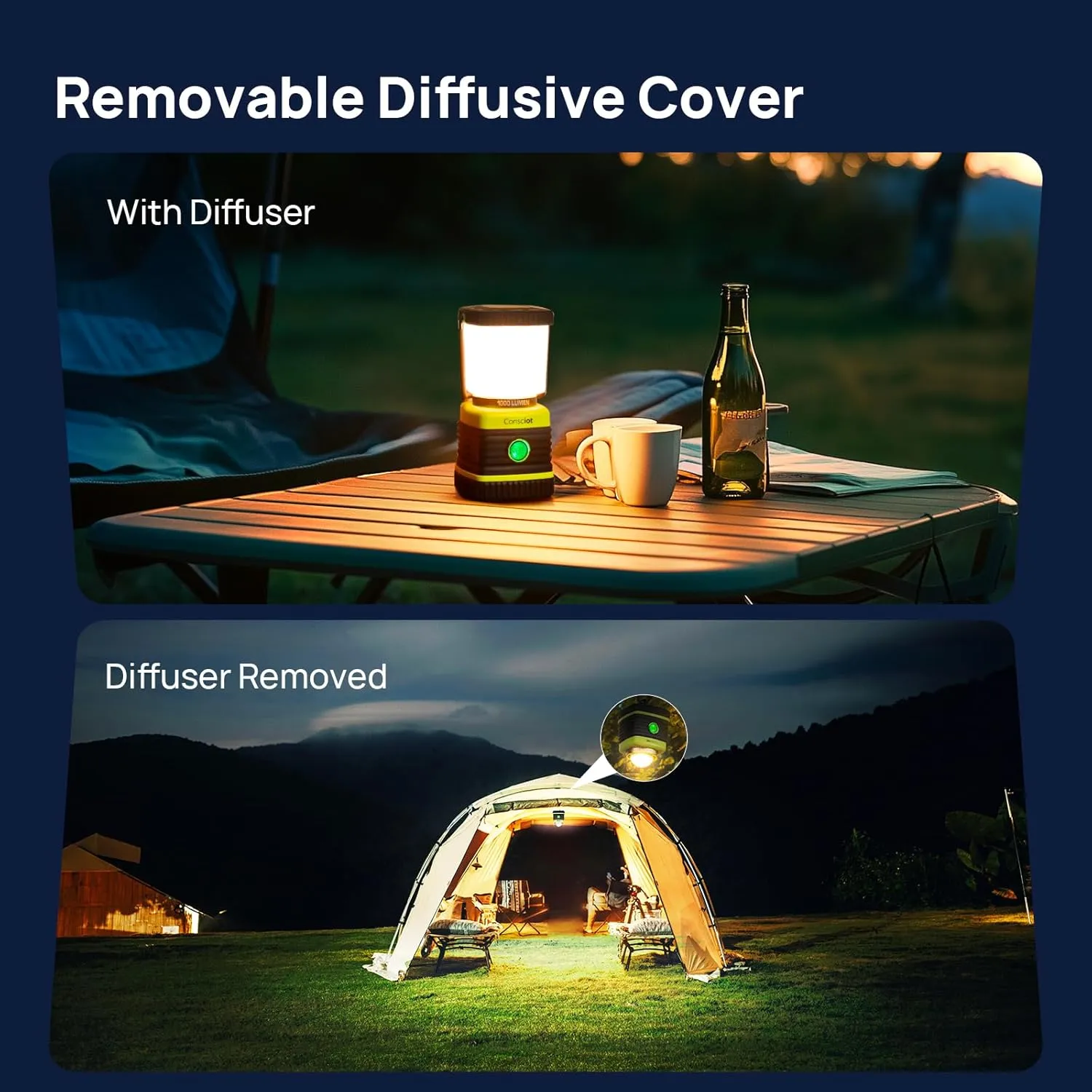 LED Camping Lantern Rechargeable, Consciot Camping Lights, 1000LM, 4 Light Modes, 4400mAh Power Bank, IPX4 Waterproof, Dimmable Tent Lights for Emergency, Power Outages, USB C Cable Included, 2 Pack