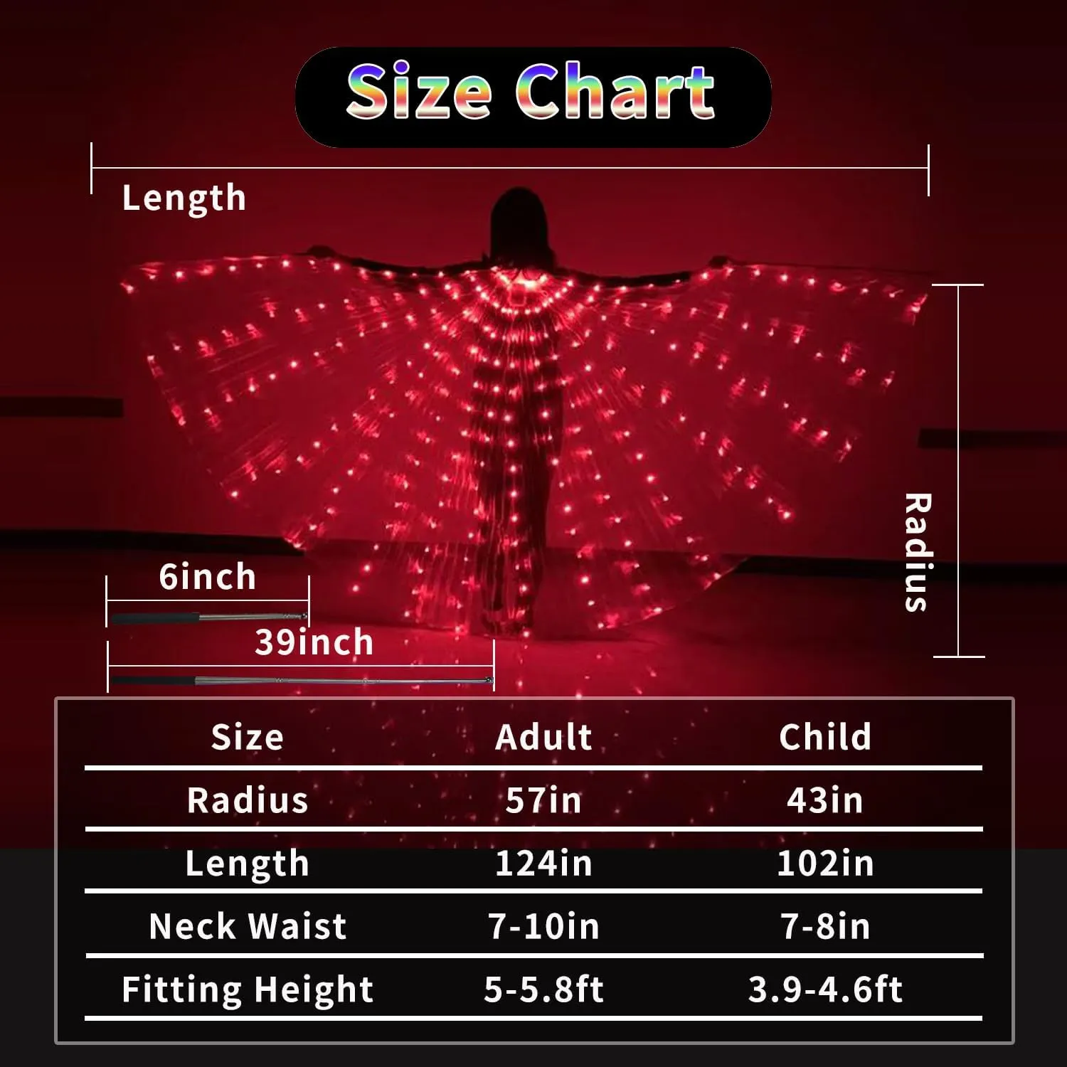 LED Lights Belly Dance Wings Bellydance Glow Angel Dance Wings with Telescopic Sticks for Adults and Child