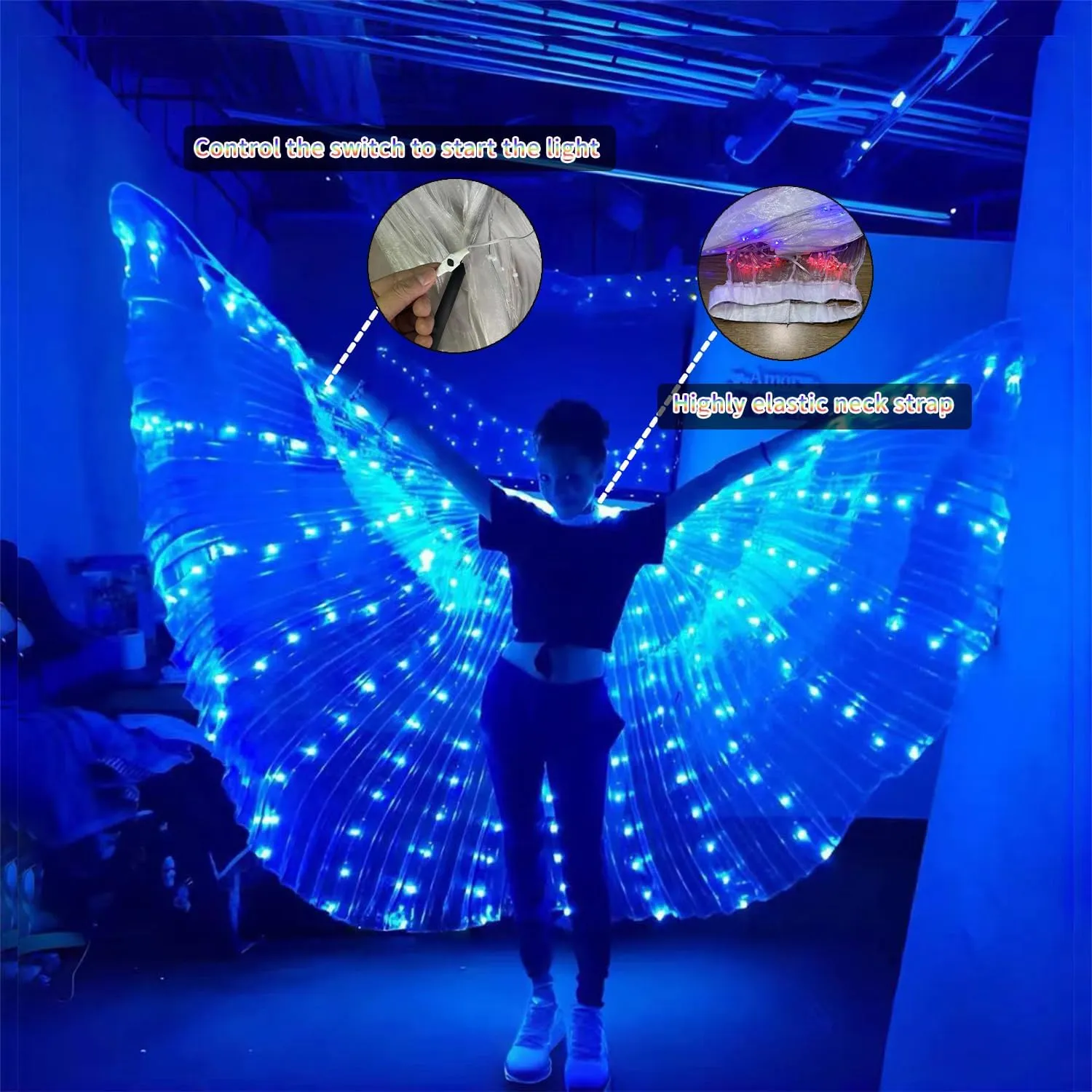 LED Lights Belly Dance Wings Bellydance Glow Angel Dance Wings with Telescopic Sticks for Adults and Child