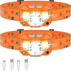 LHKNL Headlamp Flashlight, Lumen Ultra-Light Bright LED Rechargeable Headlight with White Red Light,2-Pack Waterproof Motion Sensor Head Lamp,8 Mode for Outdoor Camping Running Fishing- Orange