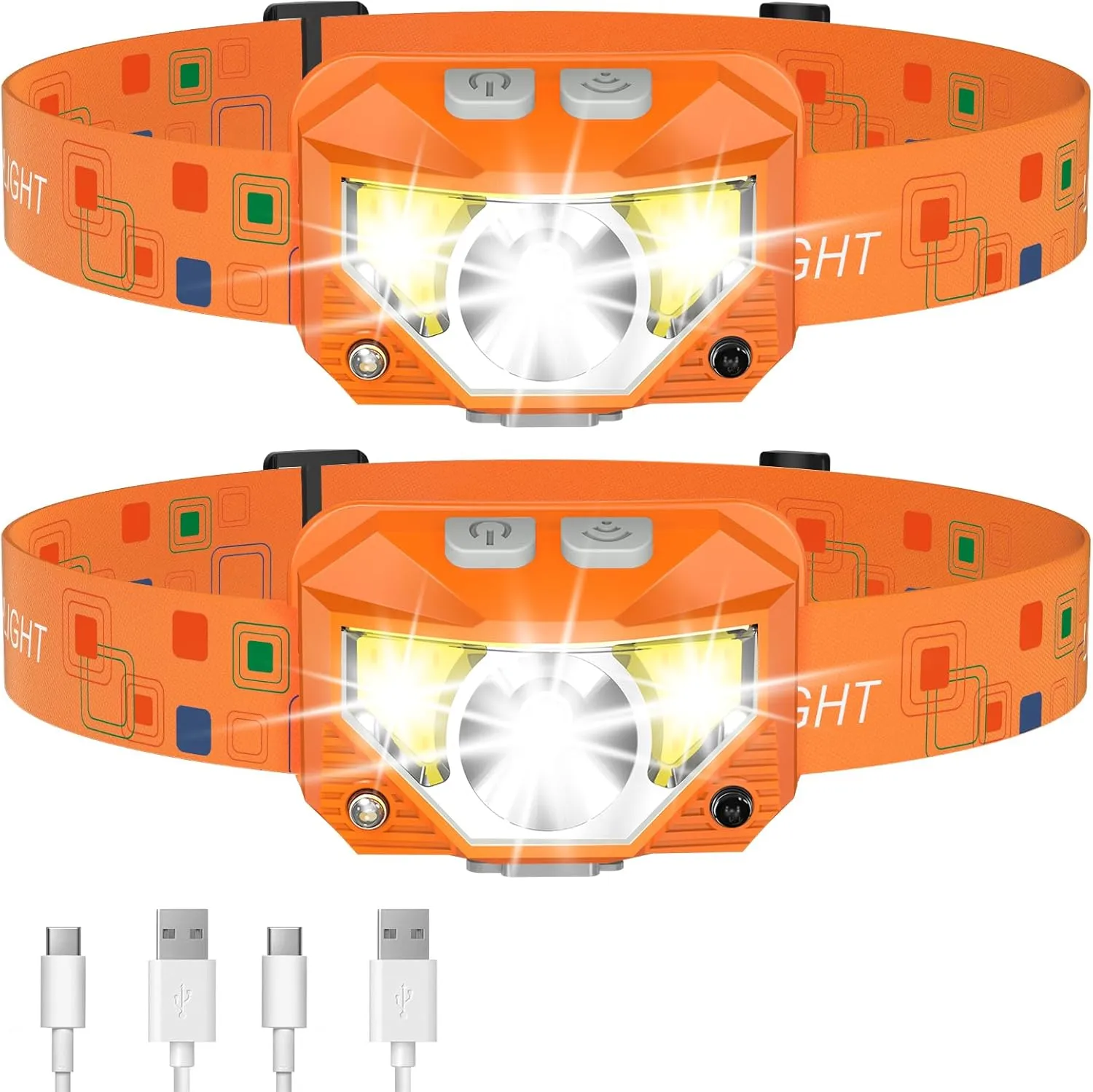 LHKNL Headlamp Flashlight, Lumen Ultra-Light Bright LED Rechargeable Headlight with White Red Light,2-Pack Waterproof Motion Sensor Head Lamp,8 Mode for Outdoor Camping Running Fishing- Orange