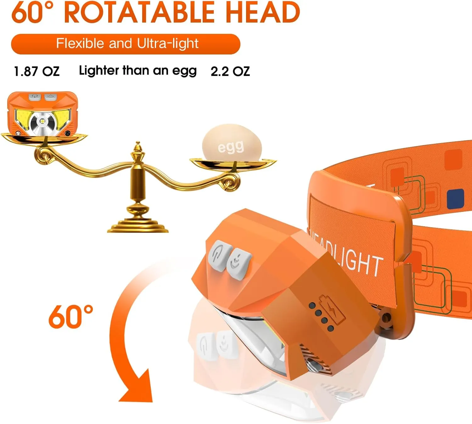 LHKNL Headlamp Flashlight, Lumen Ultra-Light Bright LED Rechargeable Headlight with White Red Light,2-Pack Waterproof Motion Sensor Head Lamp,8 Mode for Outdoor Camping Running Fishing- Orange