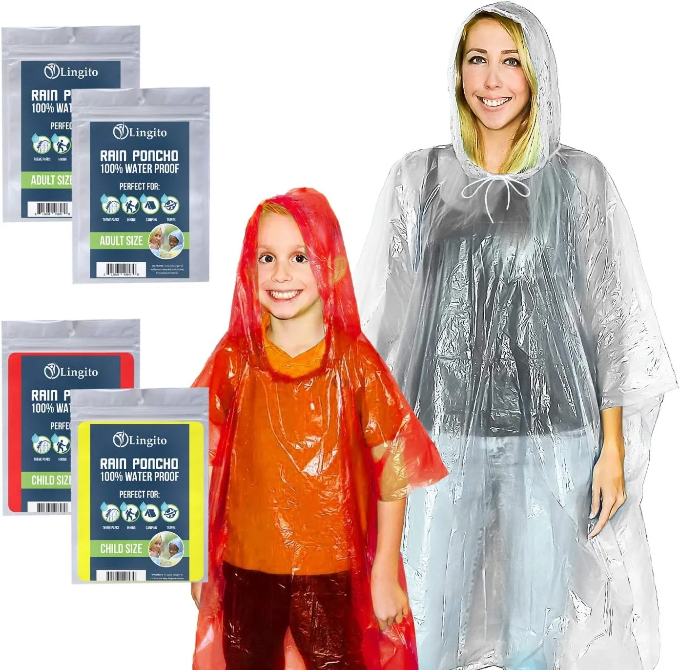 Lingito Rain Ponchos Family Pack - Emergency Drawstring Hood Poncho for Children & Adults Lightweight Reusable or Disposable