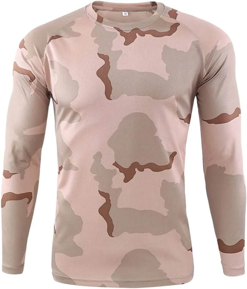 Long Sleeve Camo T-Shirt for Men Military Camouflage Athletic Compression Shirt Workout Gym Sports Quick Dry Hiking Shirts