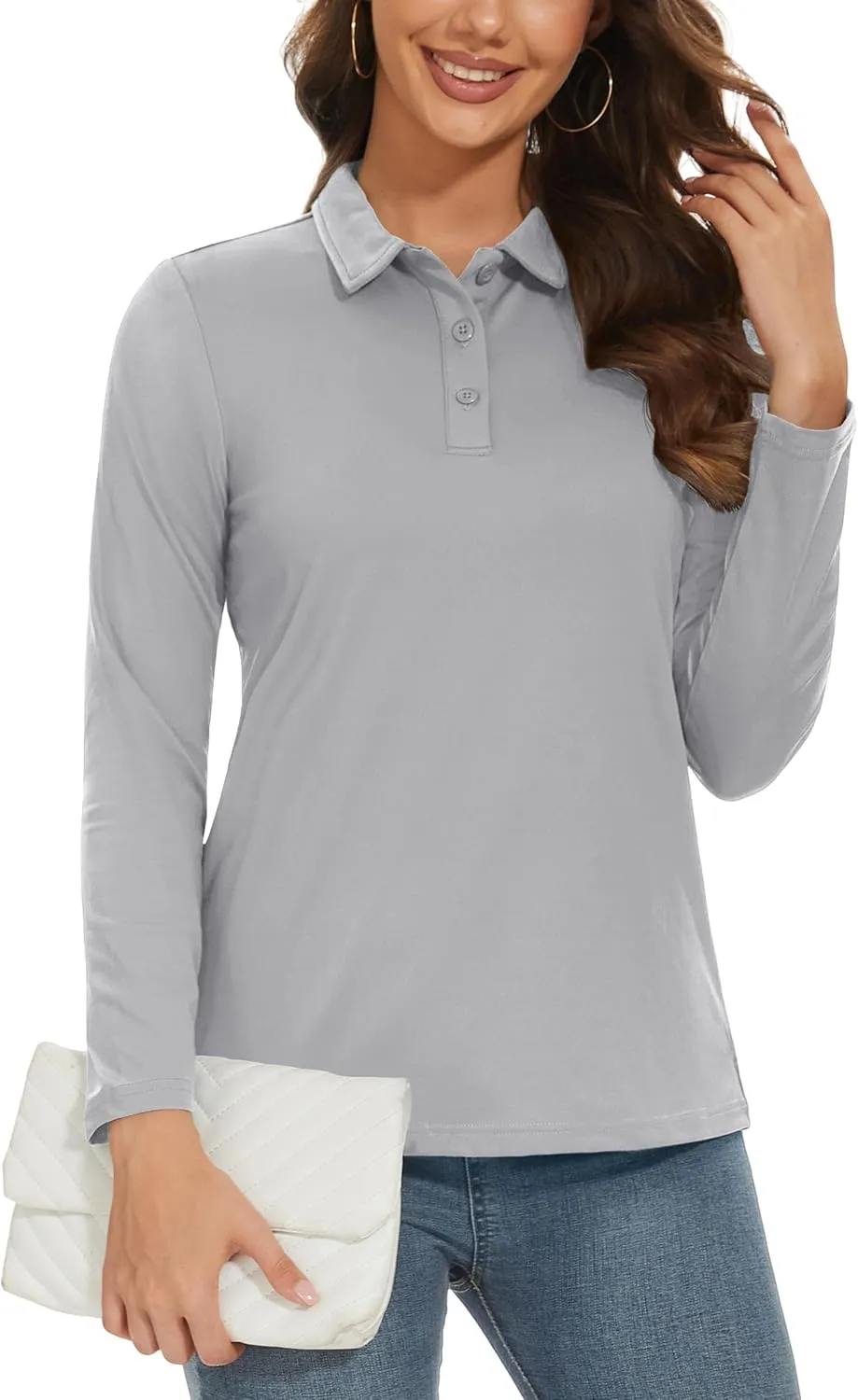 MAGCOMSEN Women's Long Sleeve Golf Shirts UPF 50  Polo Moisture Wicking 3-Button Placket Casual Shirt for Tennis Sports