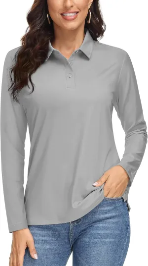 MAGCOMSEN Women's Long Sleeve Golf Shirts UPF 50  Polo Moisture Wicking 3-Button Placket Casual Shirt for Tennis Sports