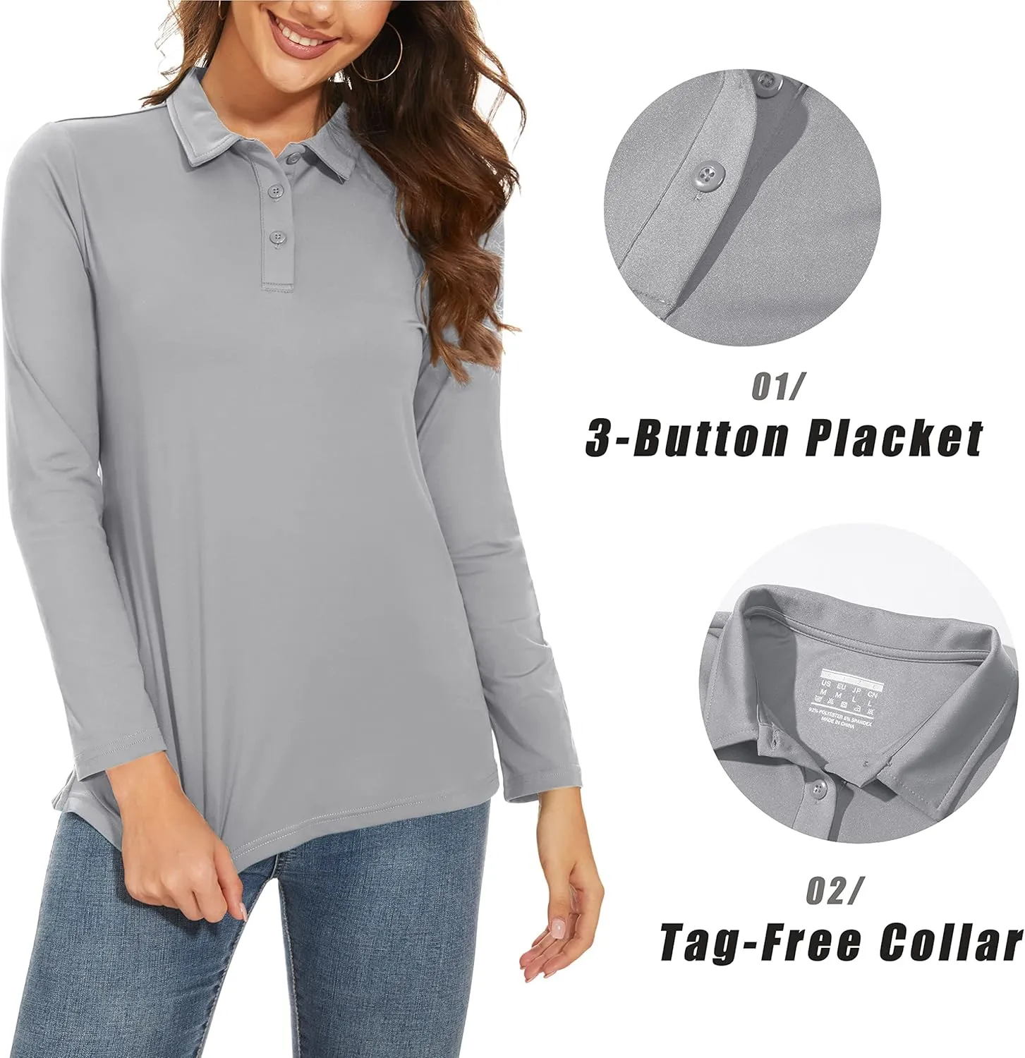 MAGCOMSEN Women's Long Sleeve Golf Shirts UPF 50  Polo Moisture Wicking 3-Button Placket Casual Shirt for Tennis Sports