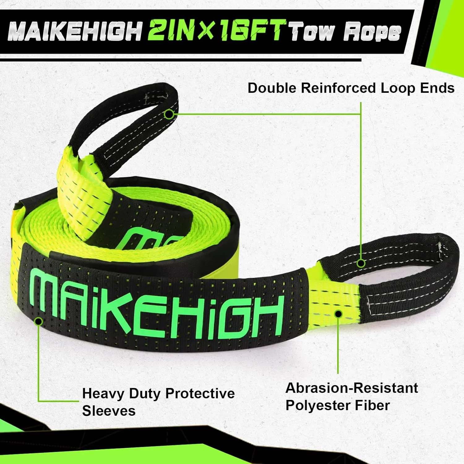 MAIKEHIGH Tow Strap Heavy Duty with Hooks, 2"16ft (22,000Lbs) Recovery Strap with D-Ring Shackles (2pcs)   Protective Gloves (2pcs), Tow Rope for Car Truck SUV ATV (Green)