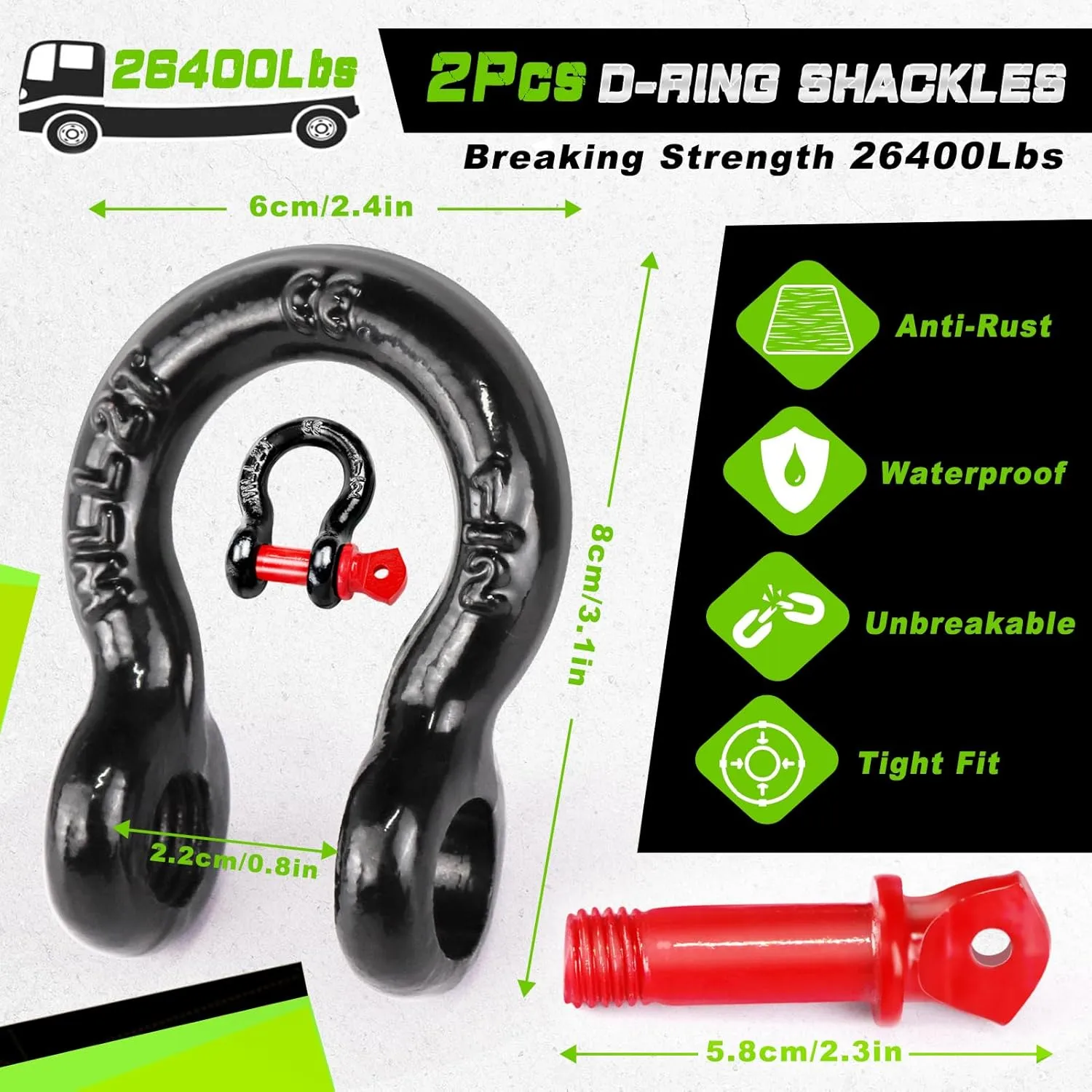 MAIKEHIGH Tow Strap Heavy Duty with Hooks, 2"16ft (22,000Lbs) Recovery Strap with D-Ring Shackles (2pcs)   Protective Gloves (2pcs), Tow Rope for Car Truck SUV ATV (Green)