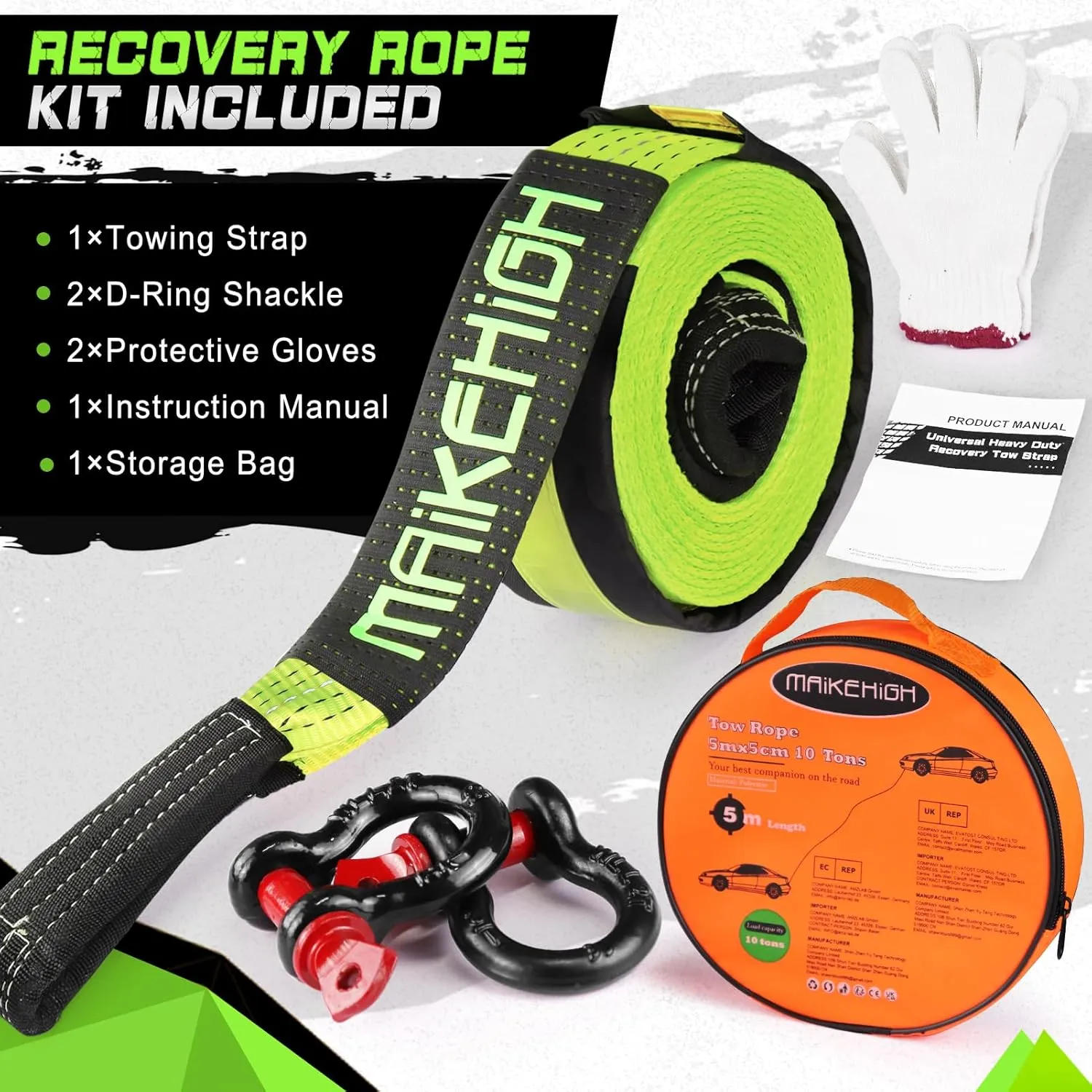 MAIKEHIGH Tow Strap Heavy Duty with Hooks, 2"16ft (22,000Lbs) Recovery Strap with D-Ring Shackles (2pcs)   Protective Gloves (2pcs), Tow Rope for Car Truck SUV ATV (Green)