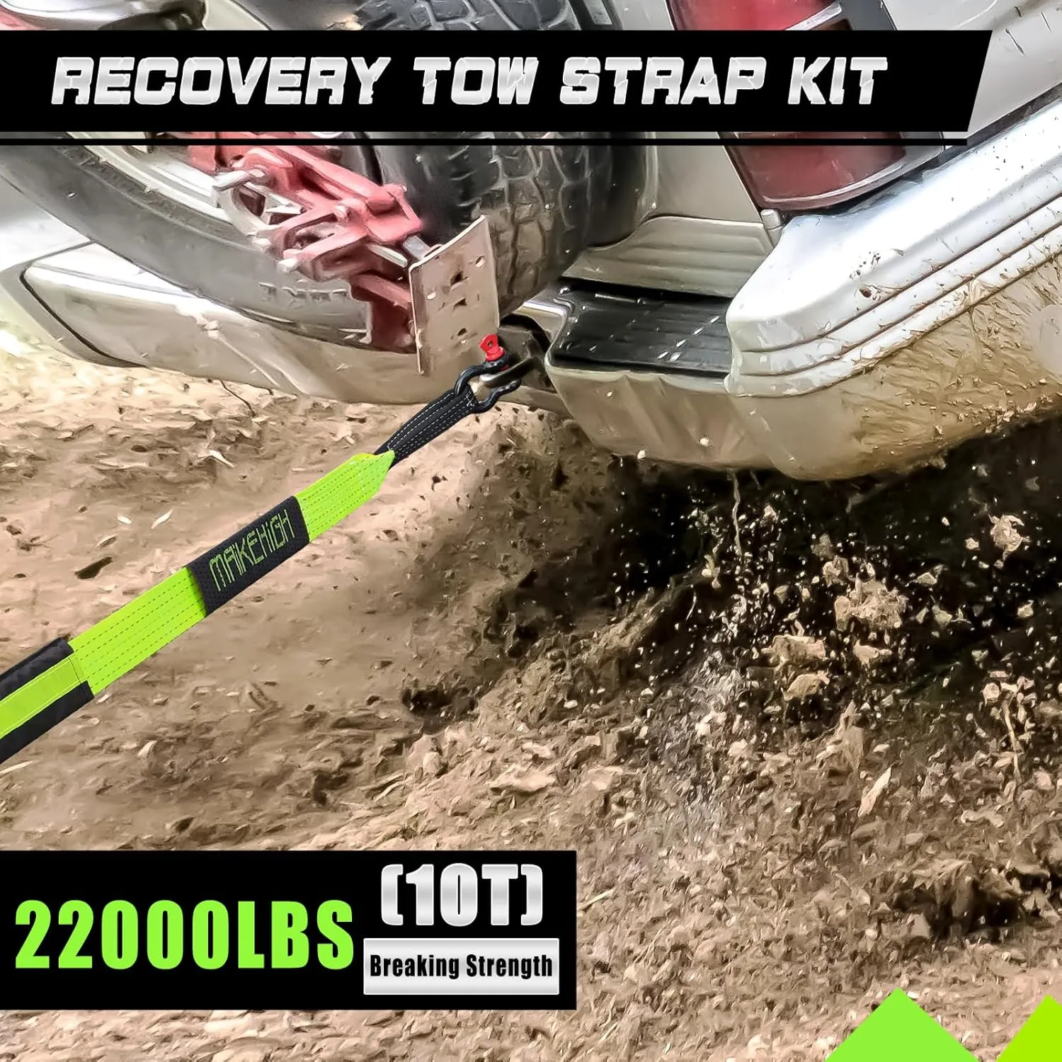 MAIKEHIGH Tow Strap Heavy Duty with Hooks, 2"16ft (22,000Lbs) Recovery Strap with D-Ring Shackles (2pcs)   Protective Gloves (2pcs), Tow Rope for Car Truck SUV ATV (Green)