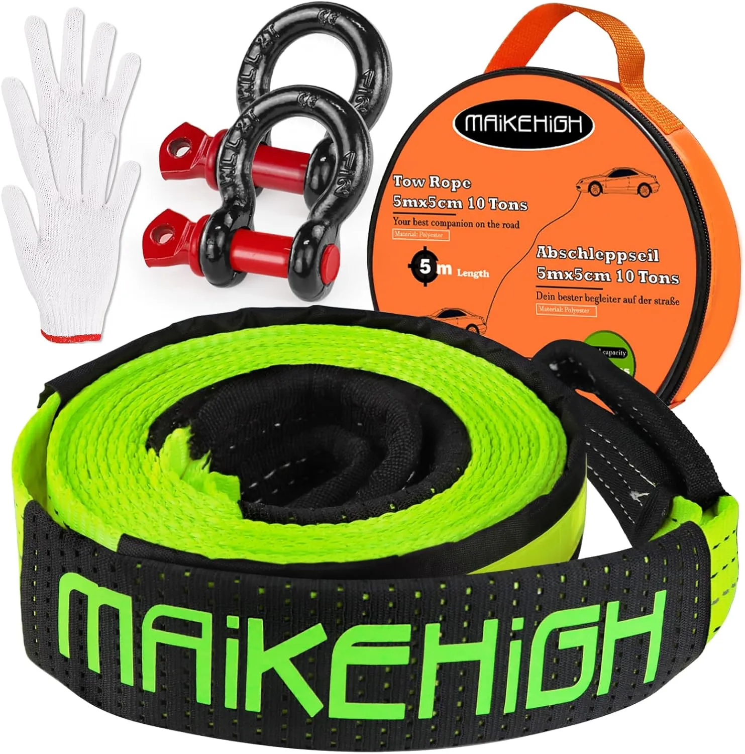 MAIKEHIGH Tow Strap Heavy Duty with Hooks, 2"16ft (22,000Lbs) Recovery Strap with D-Ring Shackles (2pcs)   Protective Gloves (2pcs), Tow Rope for Car Truck SUV ATV (Green)