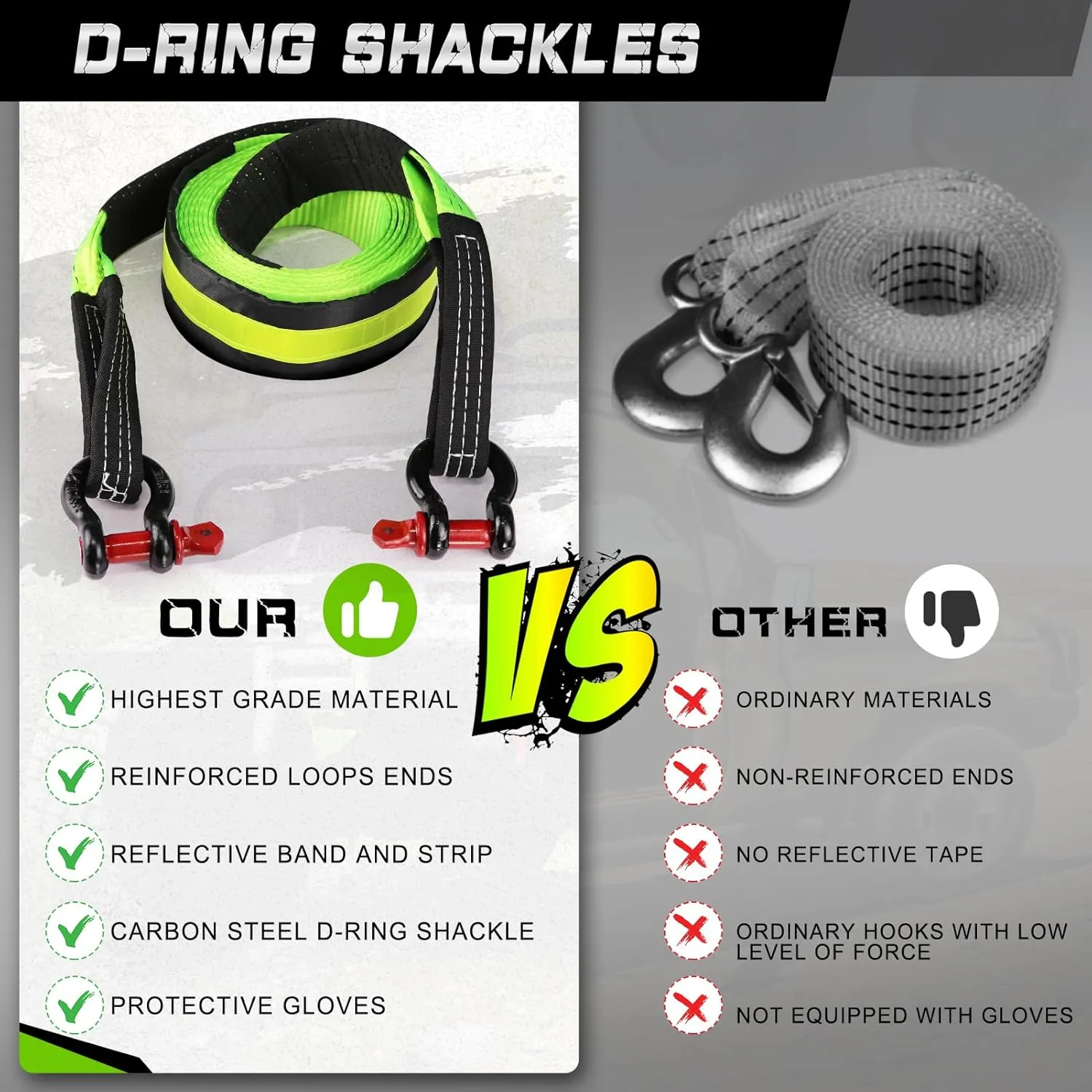 MAIKEHIGH Tow Strap Heavy Duty with Hooks, 2"16ft (22,000Lbs) Recovery Strap with D-Ring Shackles (2pcs)   Protective Gloves (2pcs), Tow Rope for Car Truck SUV ATV (Green)