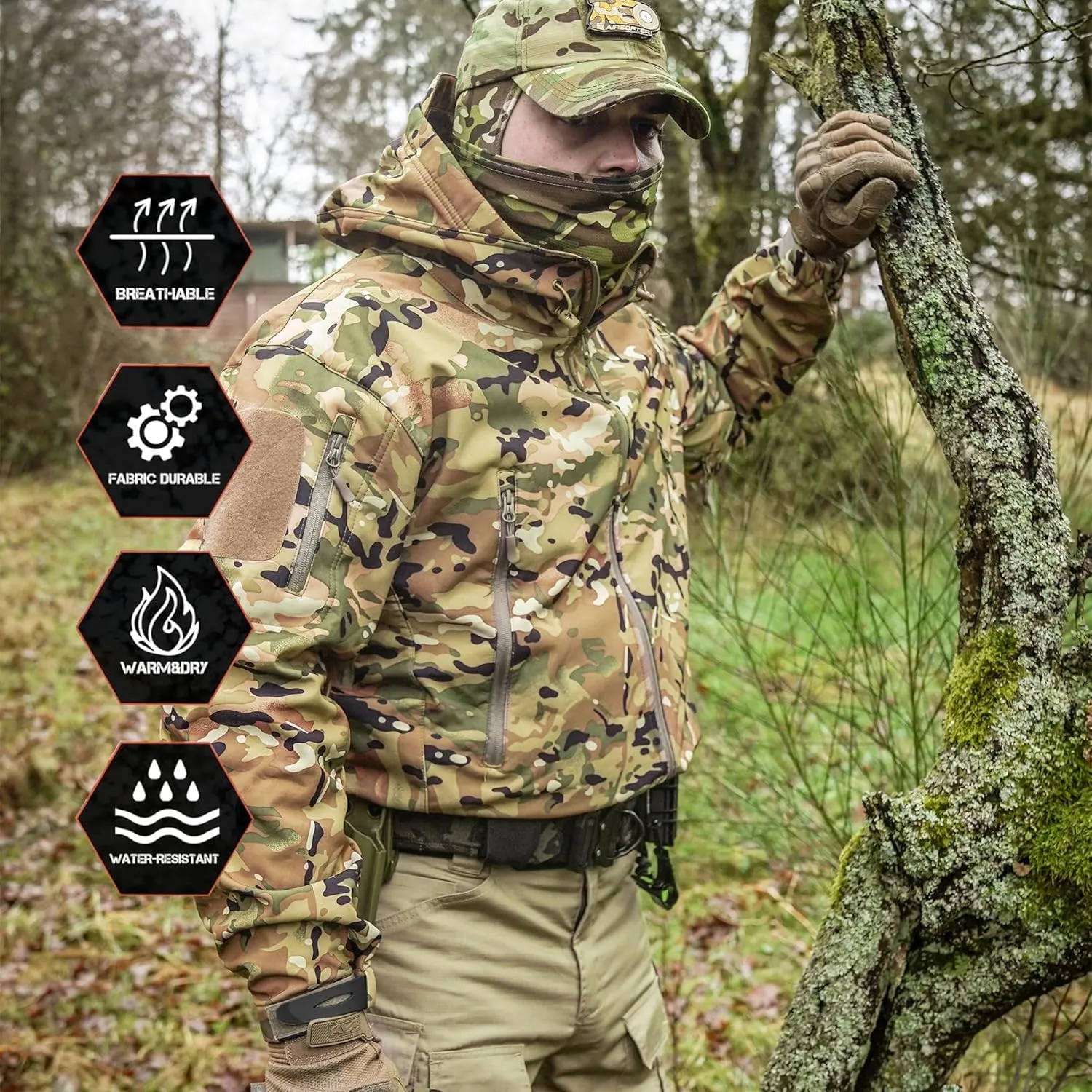Men's Outdoor Waterproof Soft Shell Hooded Military Tactical Jacket