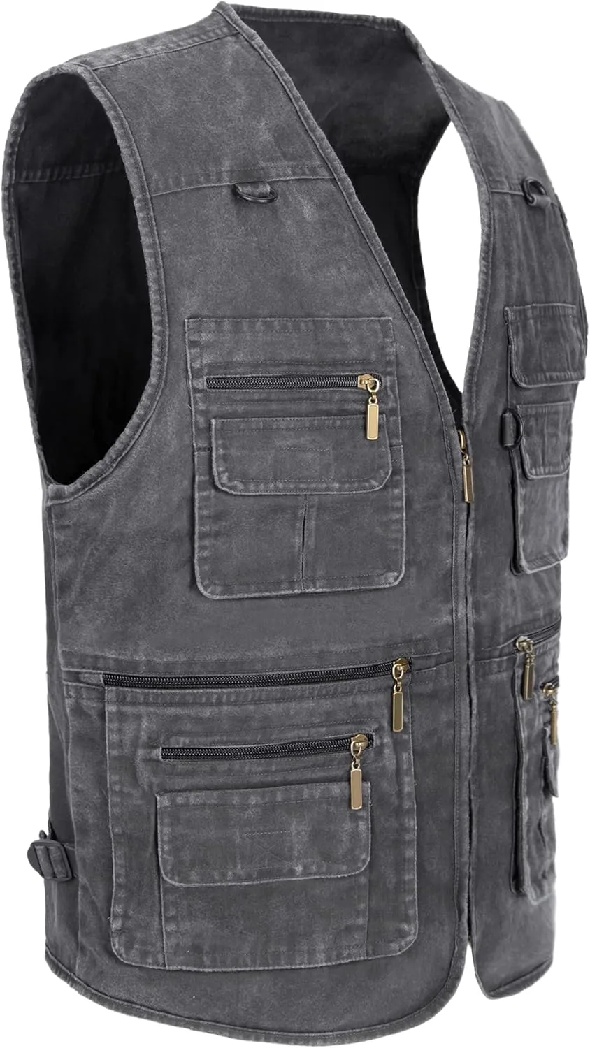 Men's Stone Washed Denim Multi-pocketed Fishing Work Outerwear Vest