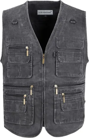 Men's Stone Washed Denim Multi-pocketed Fishing Work Outerwear Vest