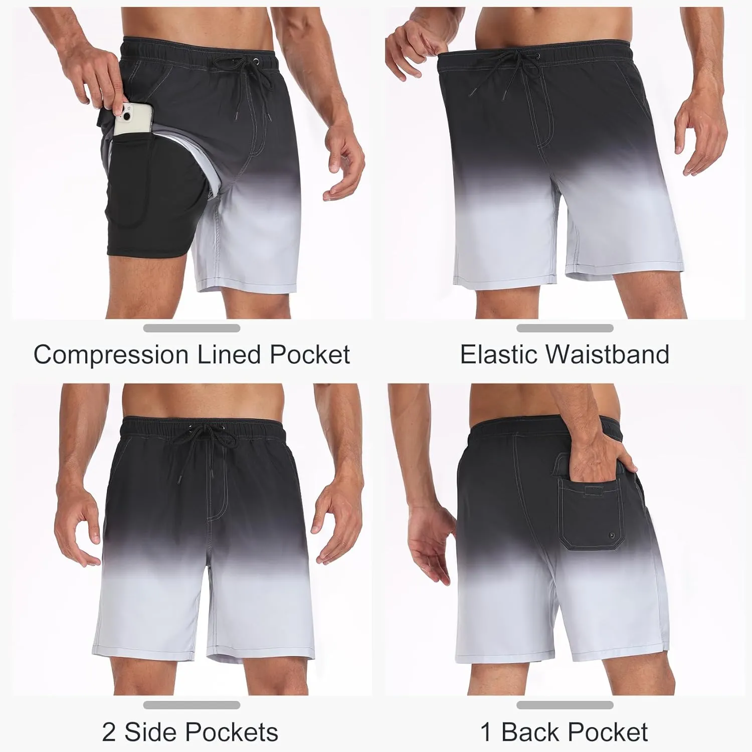 Mens Swim Trunks with Compression Liner 2 in 1 Quick Dry Swimming Shorts Swimwear Bathing Suits with Pockets