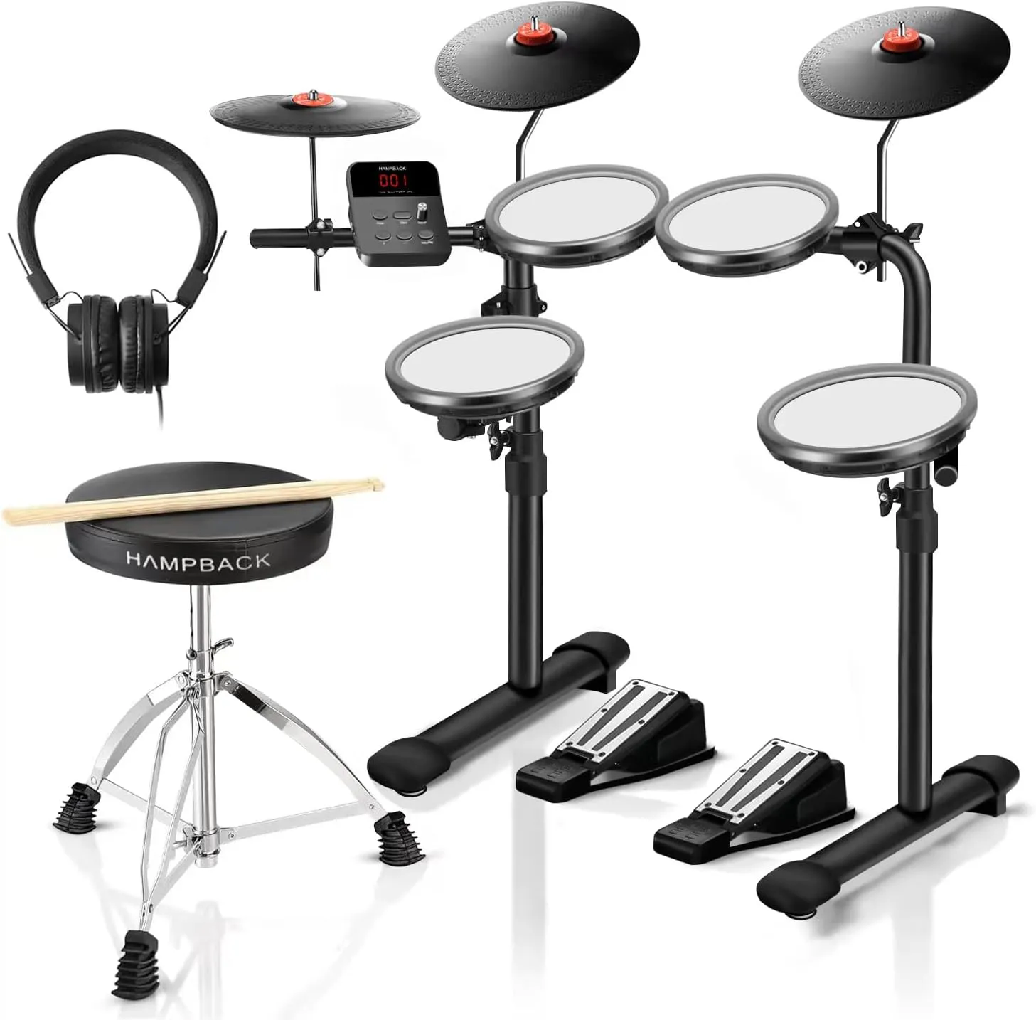 MK-0 Electric Drum Set with 7'' Quite Mesh Drum Pads, 8'' Full Rubber Cymbals, 12 Kits and 68 Authentic Sounds, USB MIDI, Throne, Sticks, Headphone, 2 Switch Pedals for Beginners & Kids