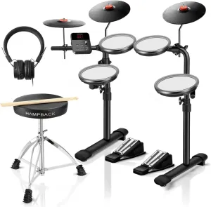 MK-0 Electric Drum Set with 7'' Quite Mesh Drum Pads, 8'' Full Rubber Cymbals, 12 Kits and 68 Authentic Sounds, USB MIDI, Throne, Sticks, Headphone, 2 Switch Pedals for Beginners & Kids