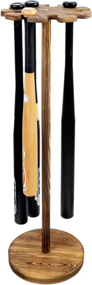 MyGift Floor Standing Weathered Solid Wood Baseball Bat Holder Rack, Rustic Wooden Round Softball Sport Equipment Hanger Organizer Stand, Display for 9 Bats