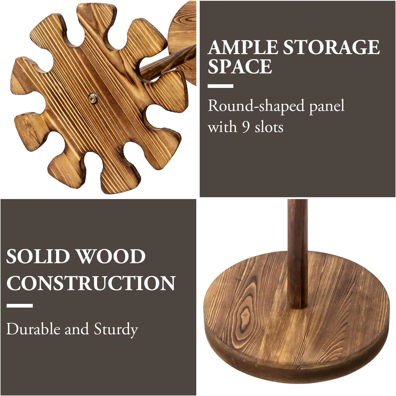 MyGift Floor Standing Weathered Solid Wood Baseball Bat Holder Rack, Rustic Wooden Round Softball Sport Equipment Hanger Organizer Stand, Display for 9 Bats