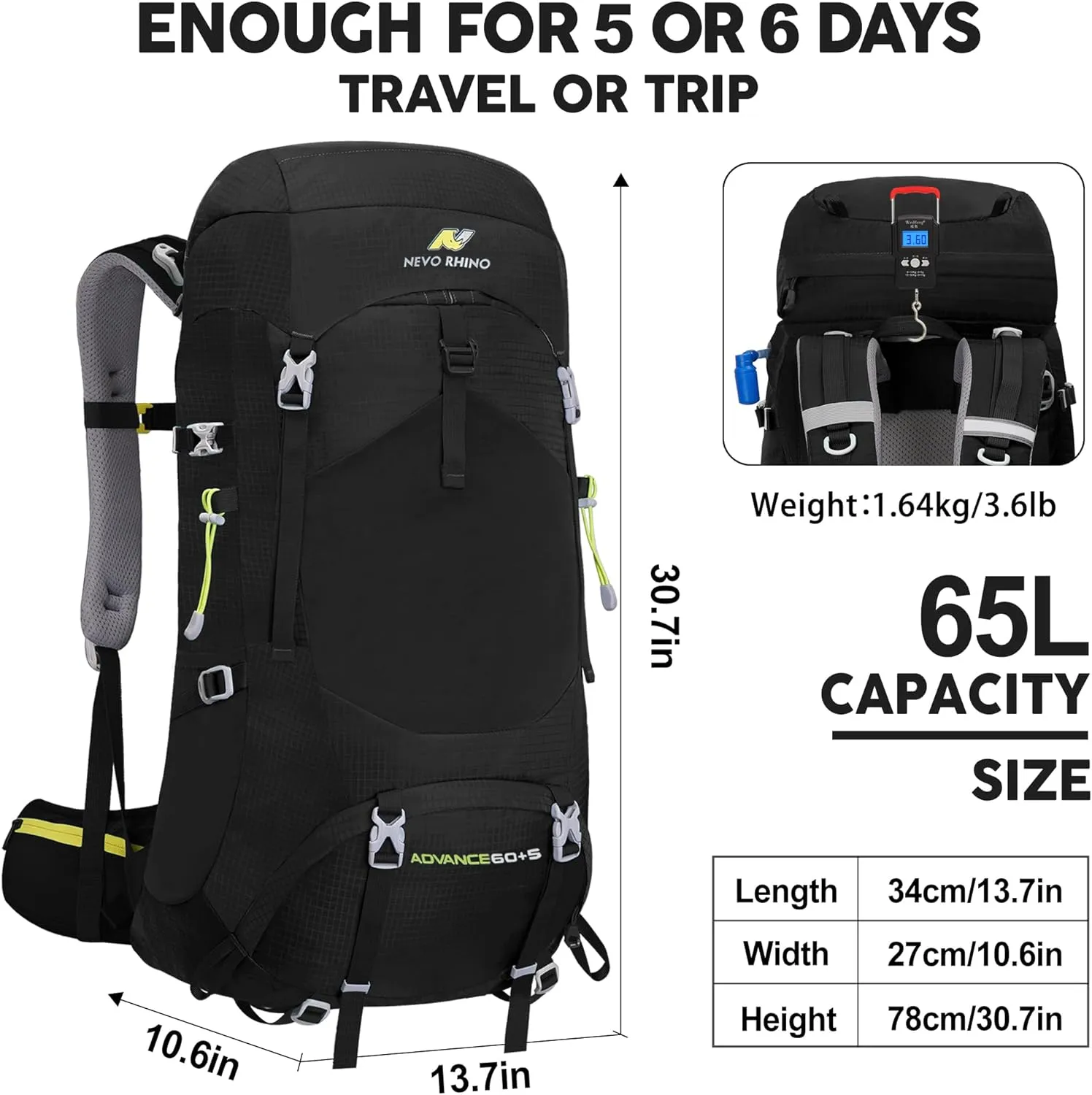 N NEVO RHINO Internal Frame Hiking Backpack 50/60/65/70/80L, Mountain Climbing Camping Backpack Daypack Waterproof Rain Cover