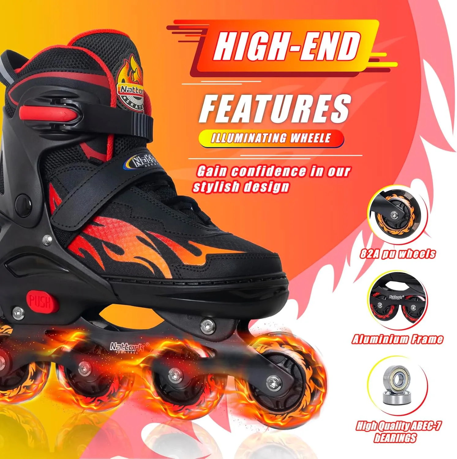 Nattork Adjustable Inline Skates for Kids Adults, Indoor and Outdoor Blades Roller Skates with 8 Light Up Wheels for Boys Girls Aged 4-16, Adult Women Beginners