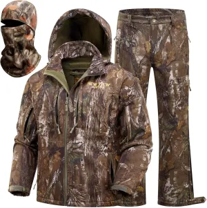 NEW VIEW Camo Hunting Clothes for Men, Quiet Warm Fleece Lining, Cold Weather Deer Hunting Jacket and Pants with Face Mask