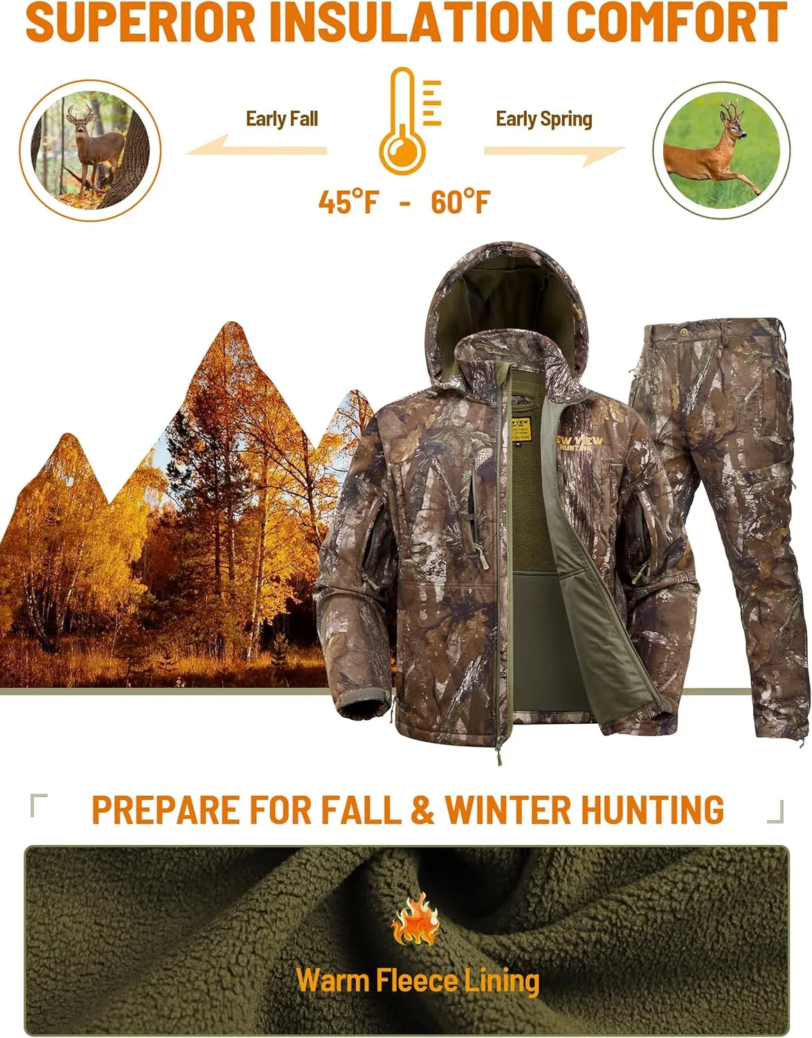 NEW VIEW Camo Hunting Clothes for Men, Quiet Warm Fleece Lining, Cold Weather Deer Hunting Jacket and Pants with Face Mask