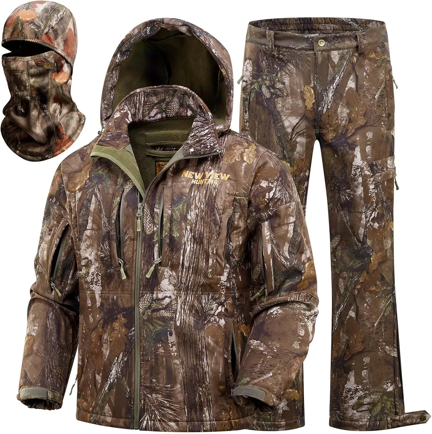 NEW VIEW Camo Hunting Clothes for Men, Quiet Warm Fleece Lining, Cold Weather Deer Hunting Jacket and Pants with Face Mask