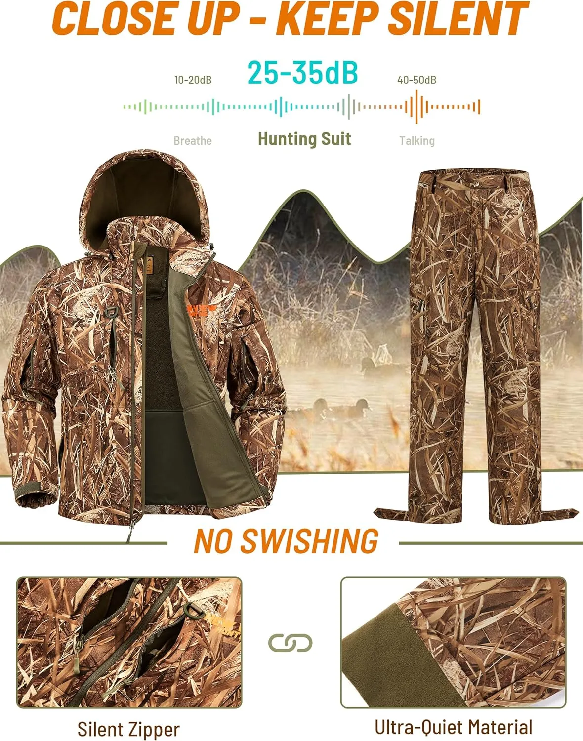 NEW VIEW Camo Hunting Clothes for Men, Quiet Warm Fleece Lining, Cold Weather Deer Hunting Jacket and Pants with Face Mask
