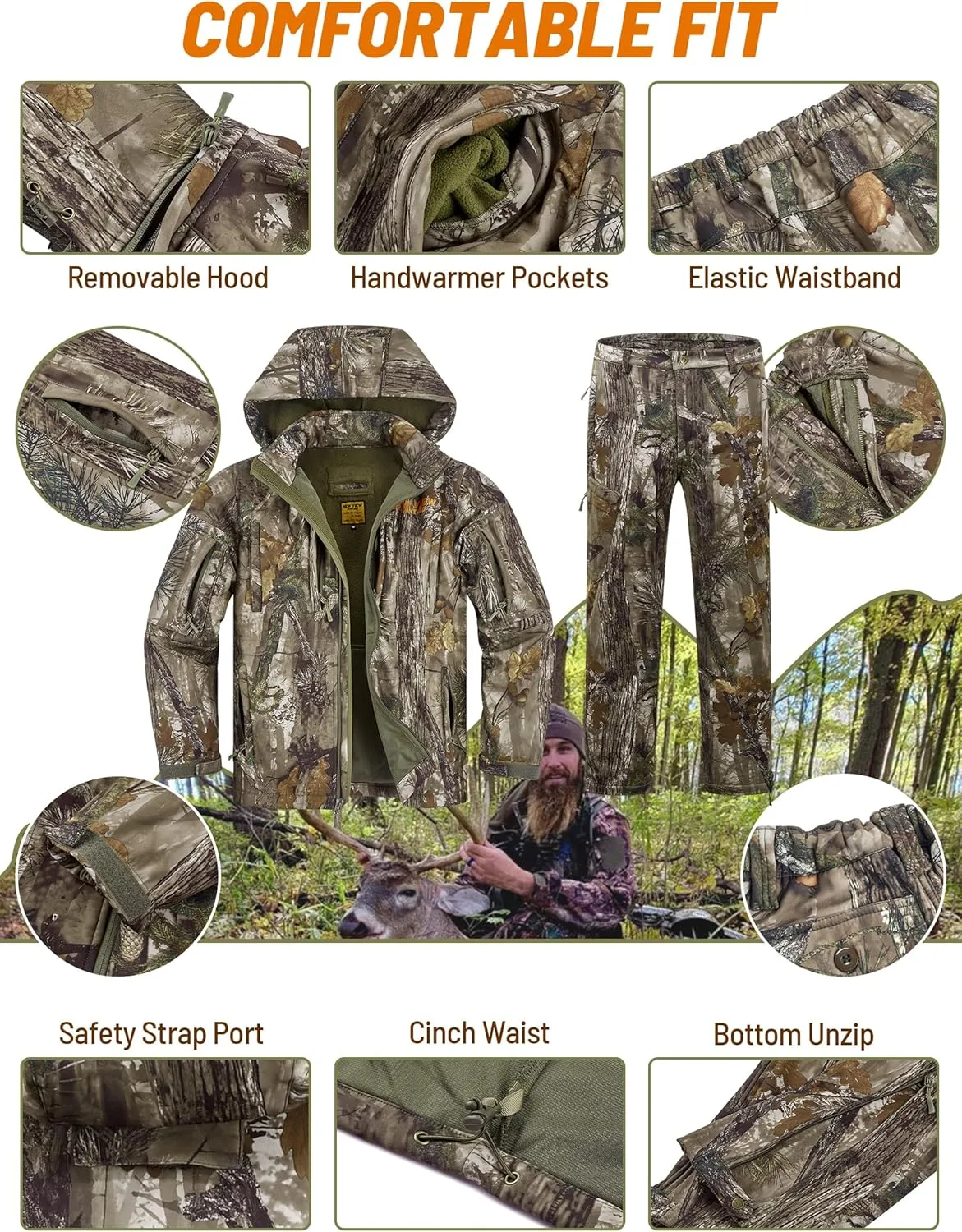 NEW VIEW Camo Hunting Clothes for Men, Quiet Warm Fleece Lining, Cold Weather Deer Hunting Jacket and Pants with Face Mask