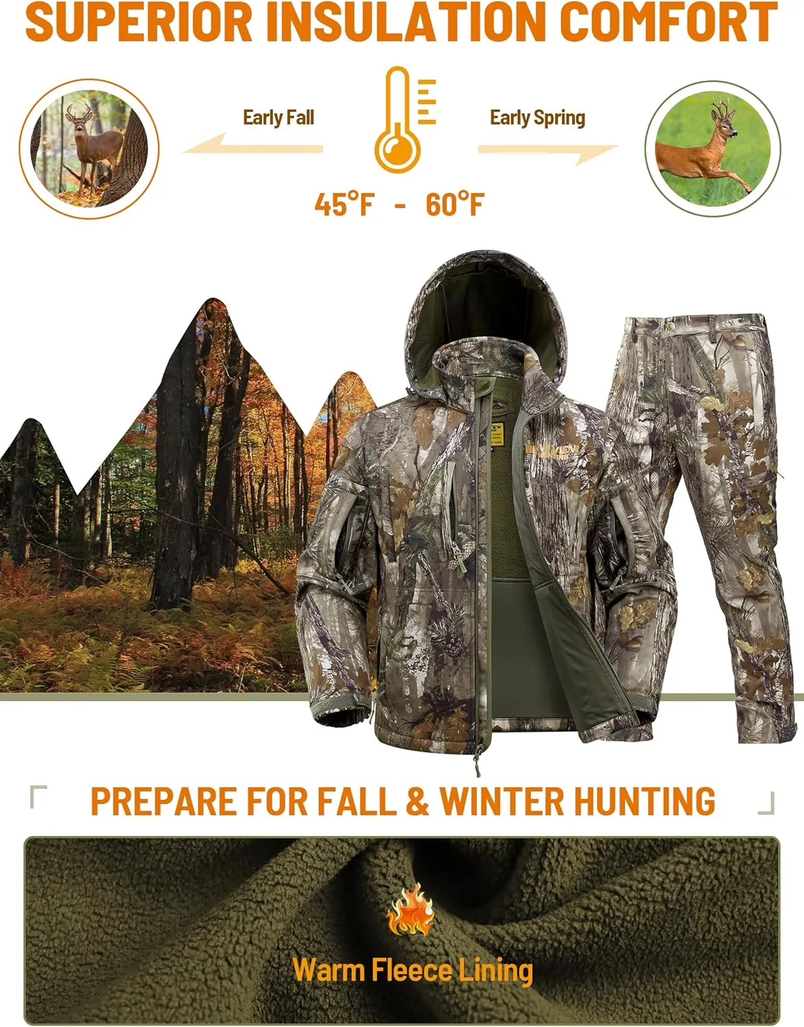 NEW VIEW Camo Hunting Clothes for Men, Quiet Warm Fleece Lining, Cold Weather Deer Hunting Jacket and Pants with Face Mask
