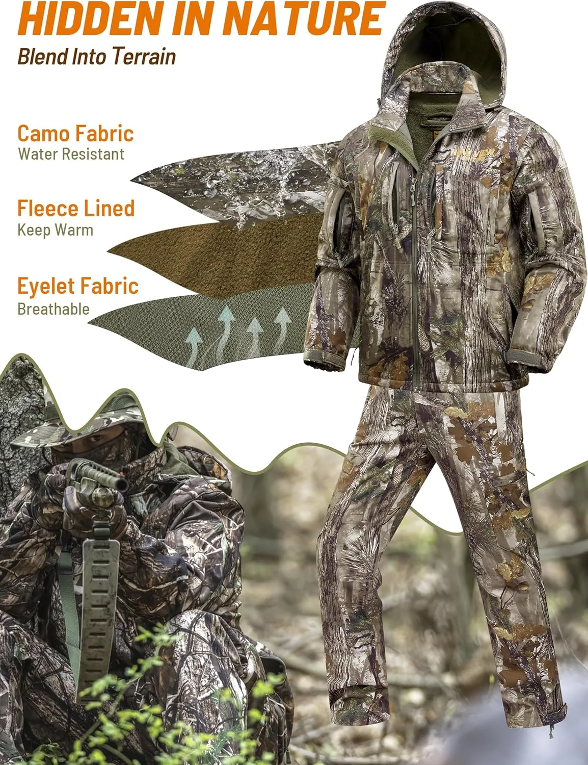 NEW VIEW Camo Hunting Clothes for Men, Quiet Warm Fleece Lining, Cold Weather Deer Hunting Jacket and Pants with Face Mask