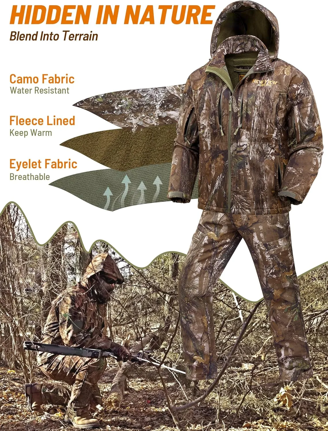 NEW VIEW Camo Hunting Clothes for Men, Quiet Warm Fleece Lining, Cold Weather Deer Hunting Jacket and Pants with Face Mask