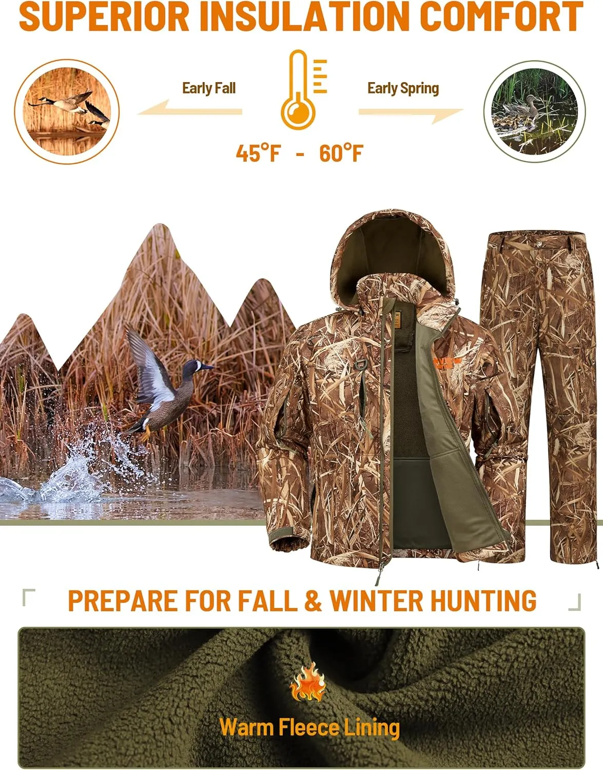 NEW VIEW Camo Hunting Clothes for Men, Quiet Warm Fleece Lining, Cold Weather Deer Hunting Jacket and Pants with Face Mask