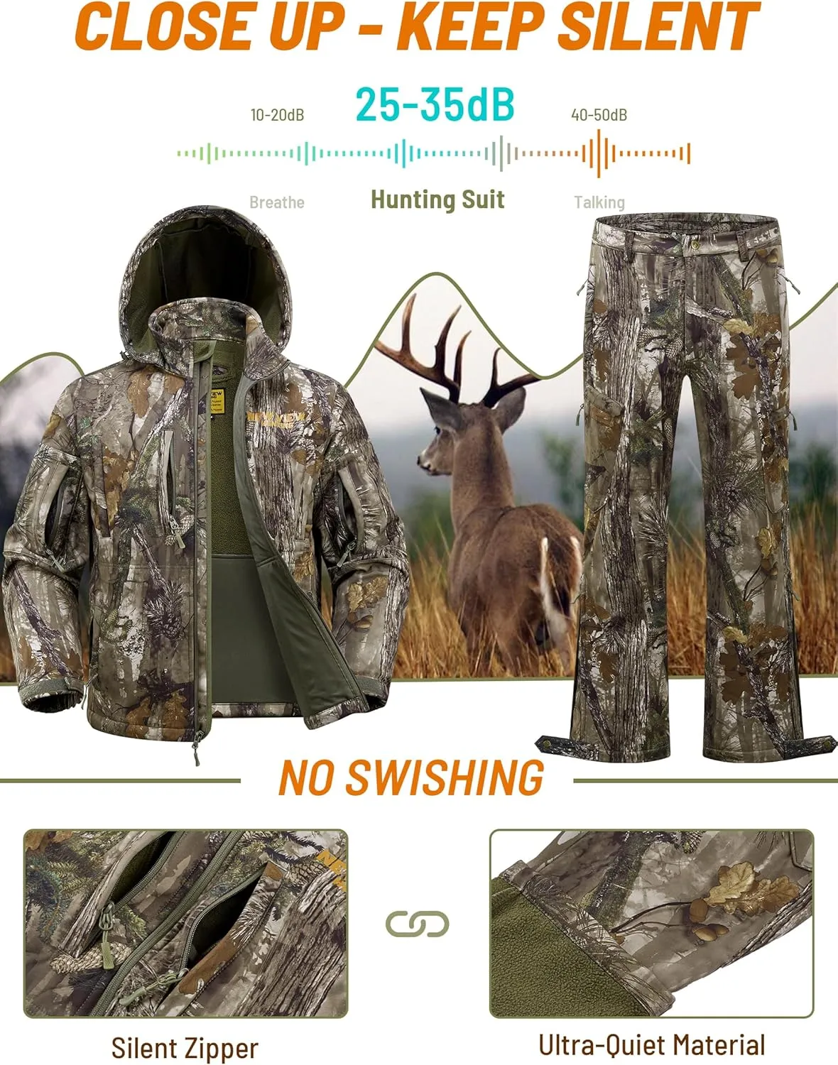 NEW VIEW Camo Hunting Clothes for Men, Quiet Warm Fleece Lining, Cold Weather Deer Hunting Jacket and Pants with Face Mask
