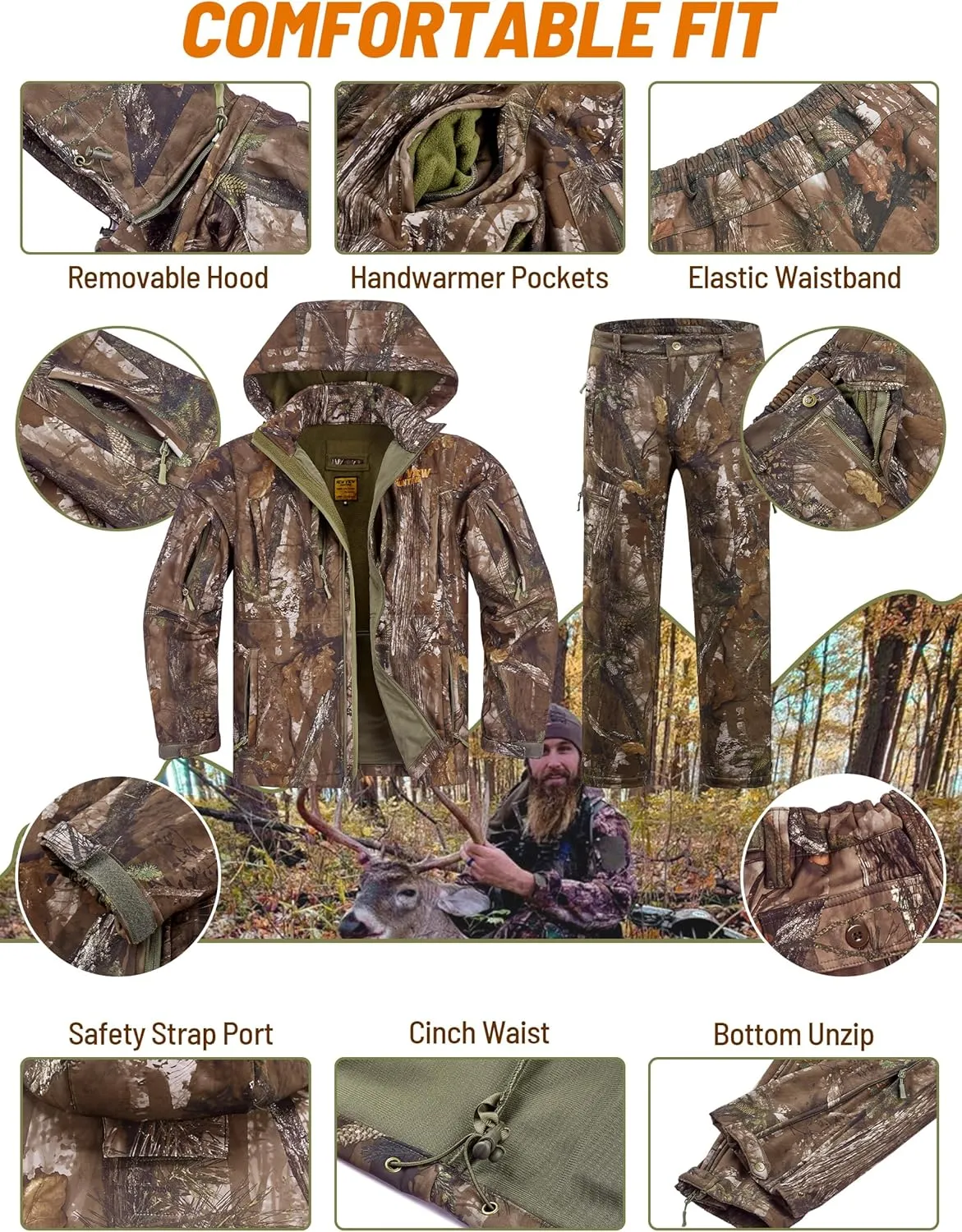 NEW VIEW Camo Hunting Clothes for Men, Quiet Warm Fleece Lining, Cold Weather Deer Hunting Jacket and Pants with Face Mask