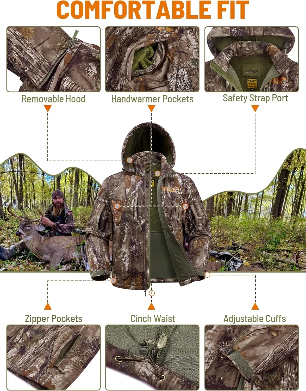 NEW VIEW Camo Hunting Jackets for Men, Warm Fleece Lined Hunting Jacket with Hood, Quiet Water Resistant Hunting Clothes