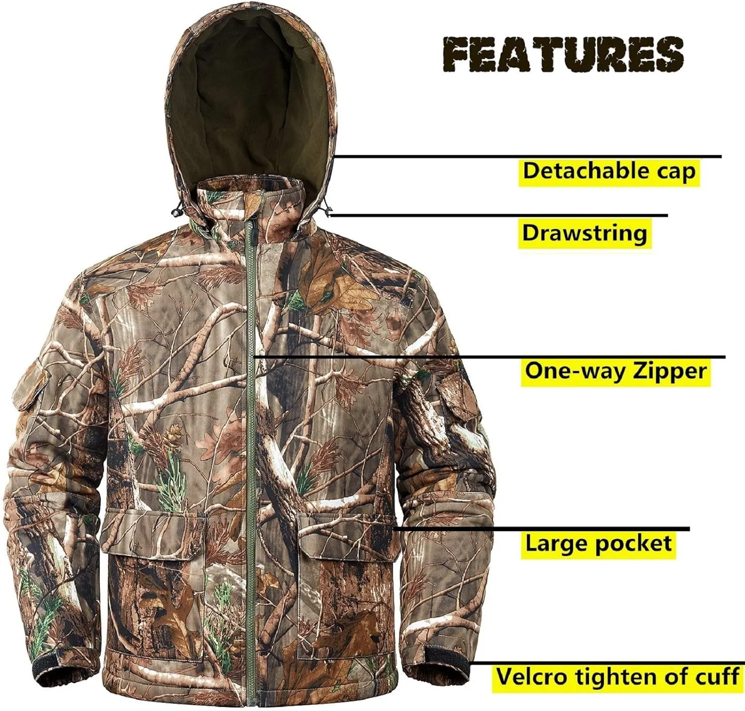 NEW VIEW Camo Hunting Jackets for Men, Warm Fleece Lined Hunting Jacket with Hood, Quiet Water Resistant Hunting Clothes