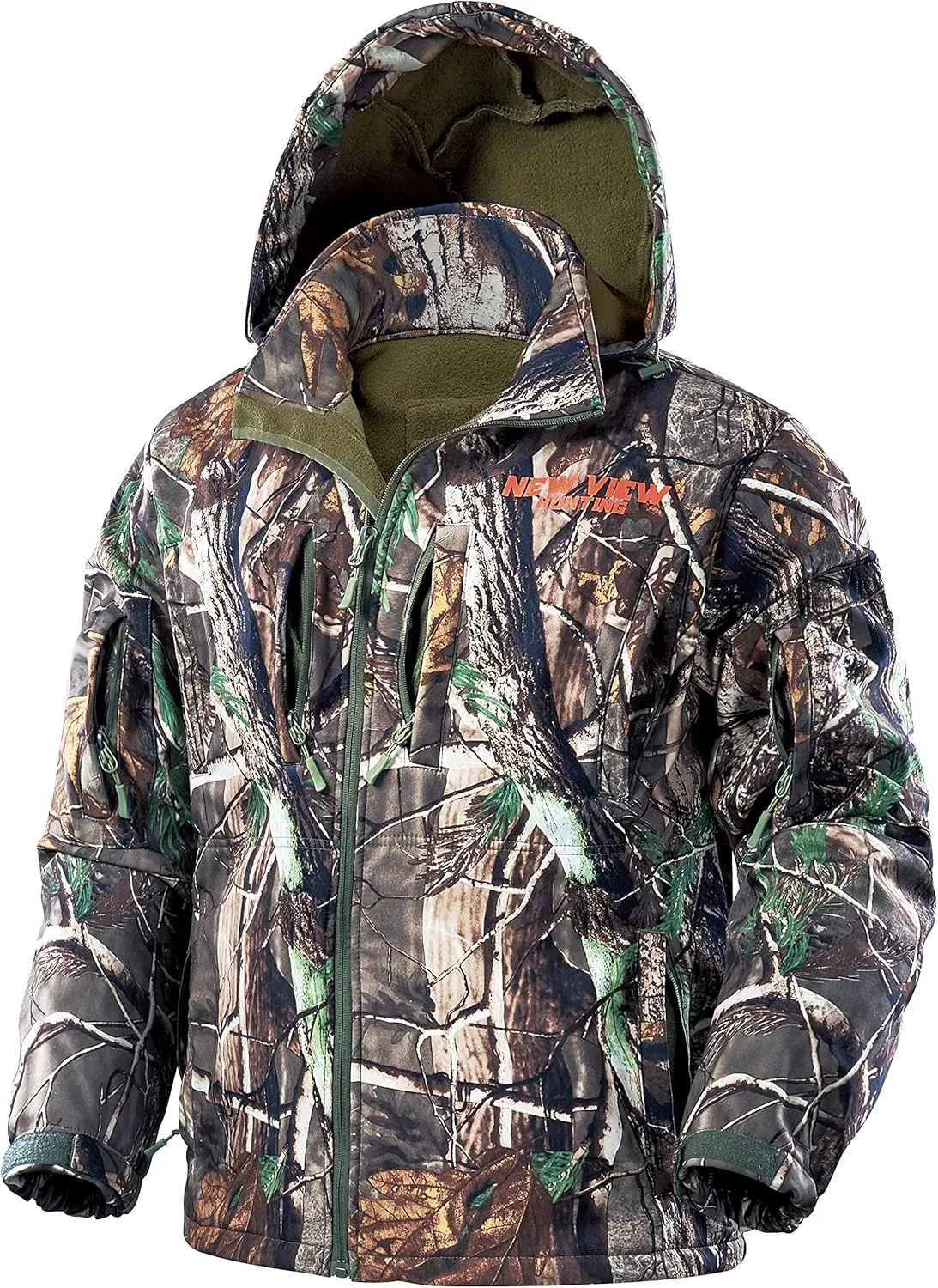 NEW VIEW Camo Hunting Jackets for Men, Warm Fleece Lined Hunting Jacket with Hood, Quiet Water Resistant Hunting Clothes