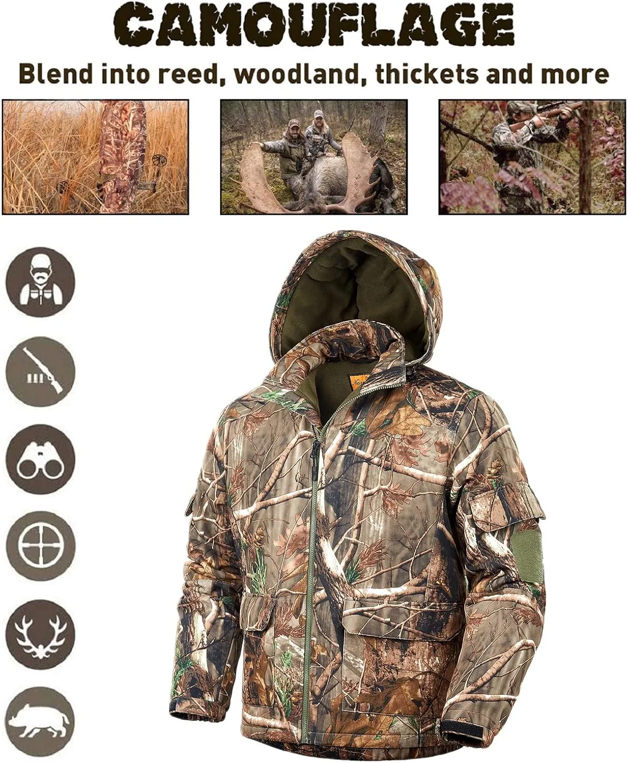 NEW VIEW Camo Hunting Jackets for Men, Warm Fleece Lined Hunting Jacket with Hood, Quiet Water Resistant Hunting Clothes