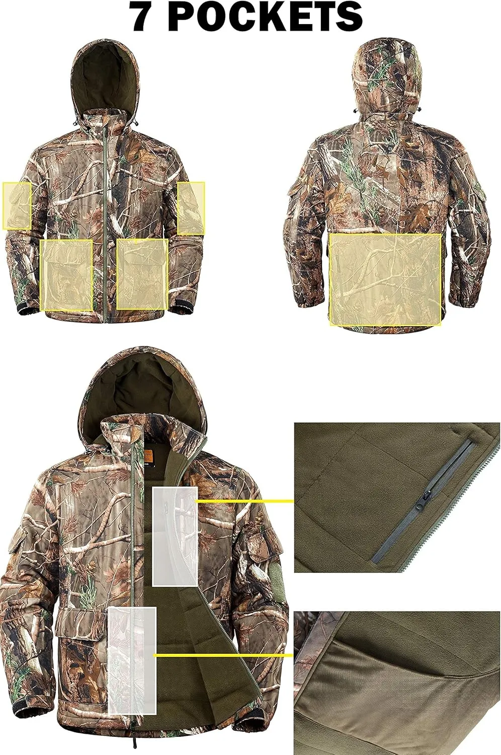NEW VIEW Camo Hunting Jackets for Men, Warm Fleece Lined Hunting Jacket with Hood, Quiet Water Resistant Hunting Clothes