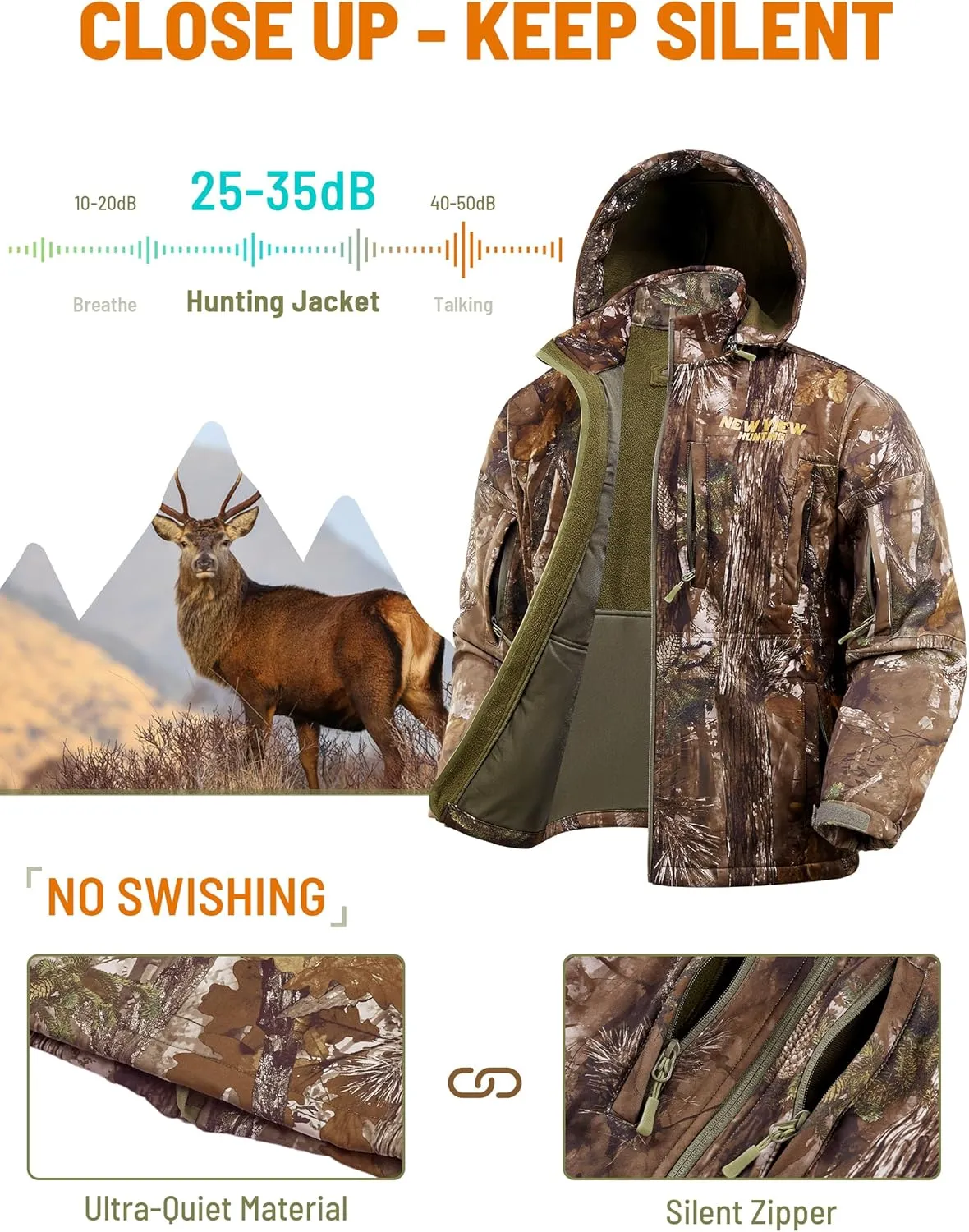 NEW VIEW Camo Hunting Jackets for Men, Warm Fleece Lined Hunting Jacket with Hood, Quiet Water Resistant Hunting Clothes