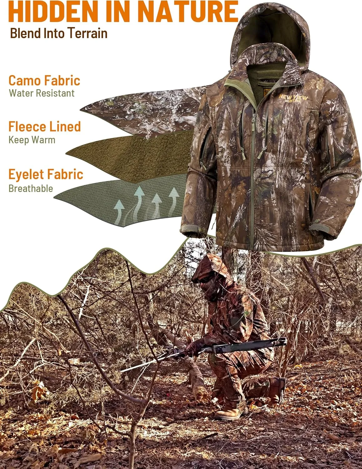 NEW VIEW Camo Hunting Jackets for Men, Warm Fleece Lined Hunting Jacket with Hood, Quiet Water Resistant Hunting Clothes