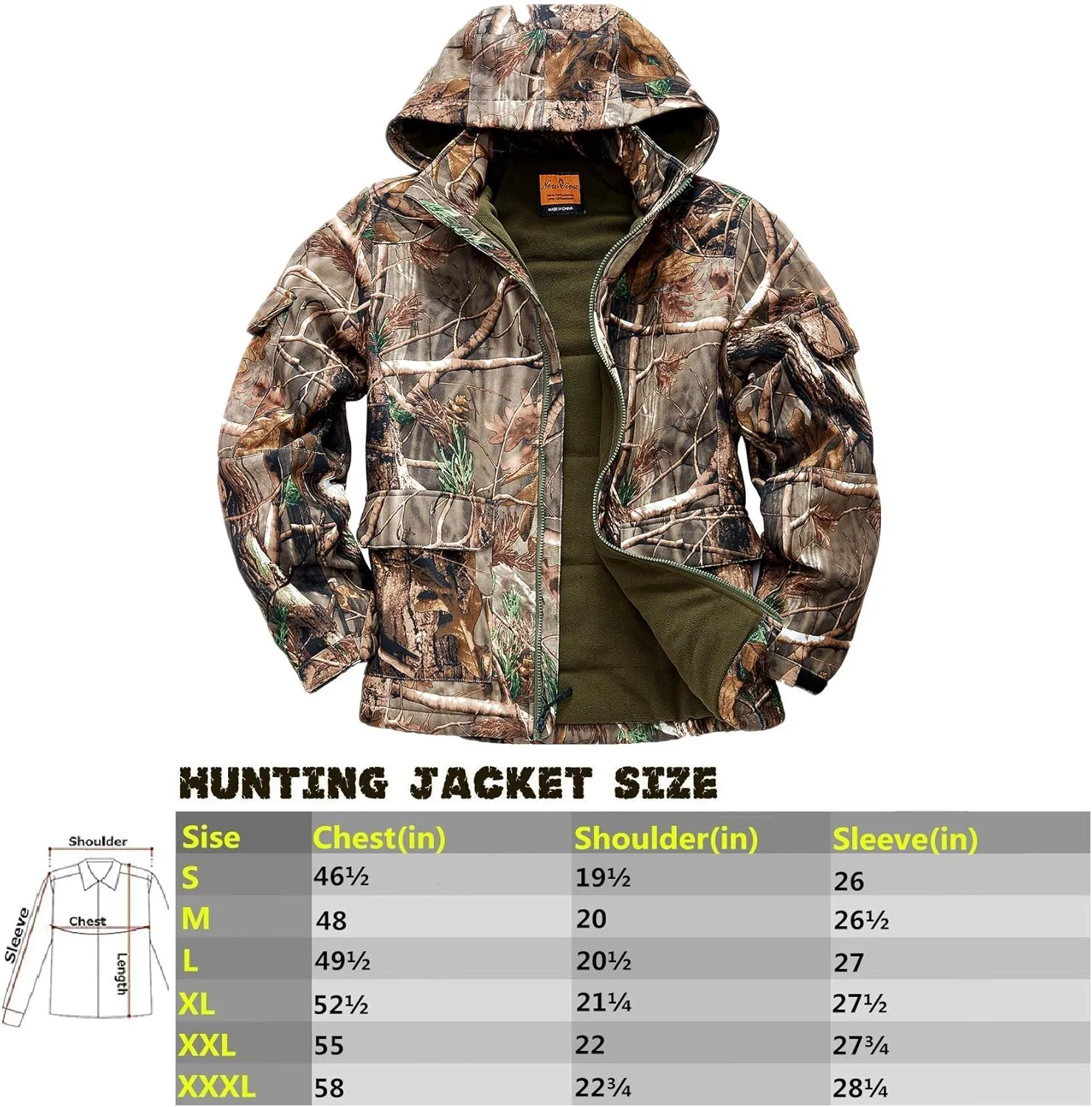 NEW VIEW Camo Hunting Jackets for Men, Warm Fleece Lined Hunting Jacket with Hood, Quiet Water Resistant Hunting Clothes