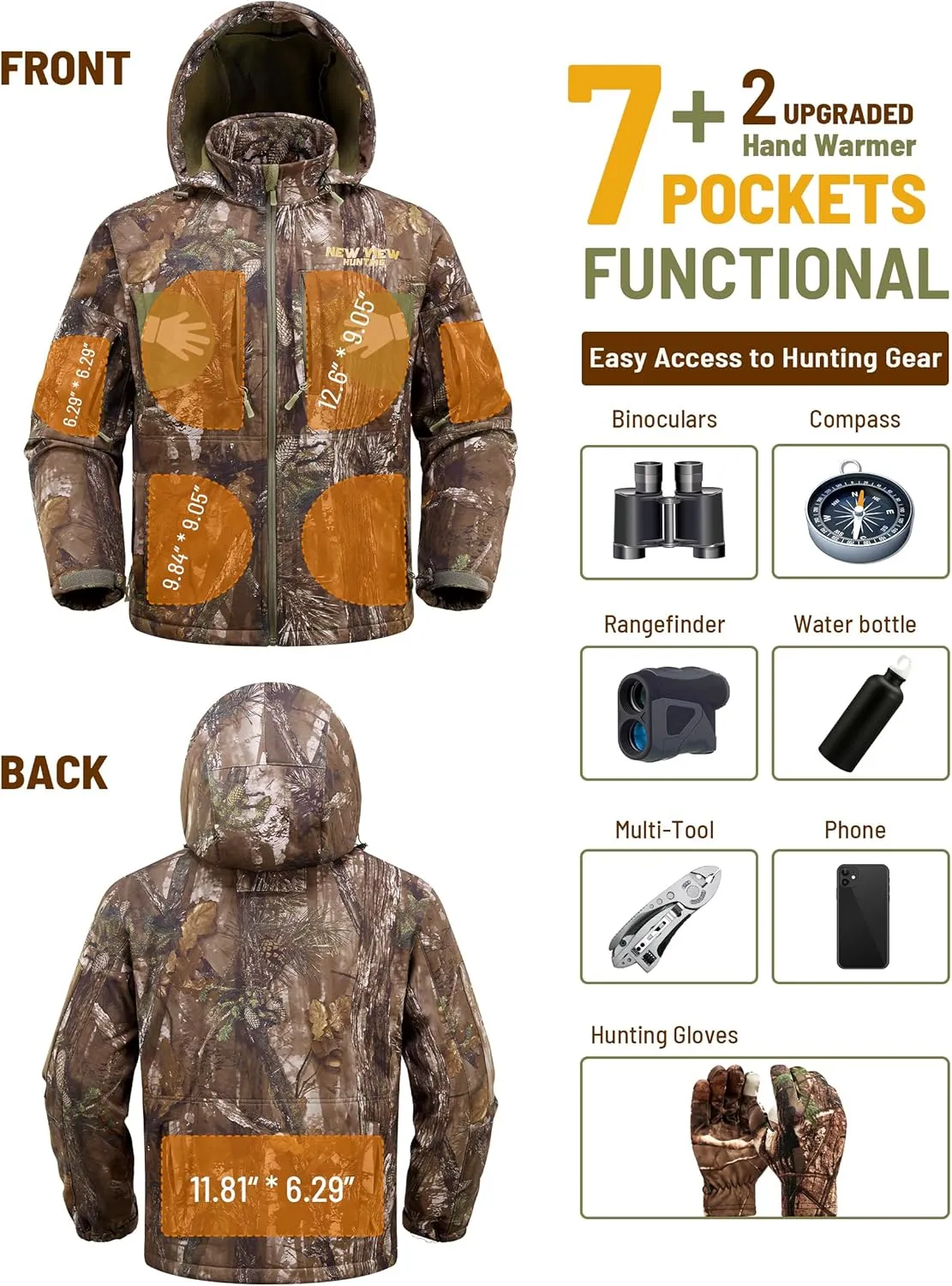 NEW VIEW Camo Hunting Jackets for Men, Warm Fleece Lined Hunting Jacket with Hood, Quiet Water Resistant Hunting Clothes