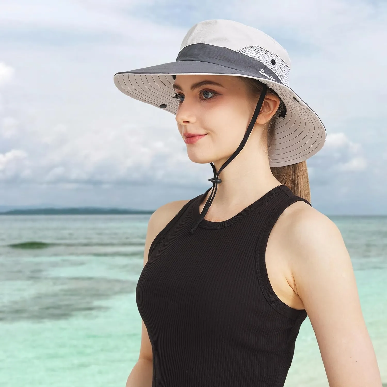 NPQQUAN Ponytail Sun Bucket Hats for Women Men Wide Brim UPF 50  Fishing & Beach Hats