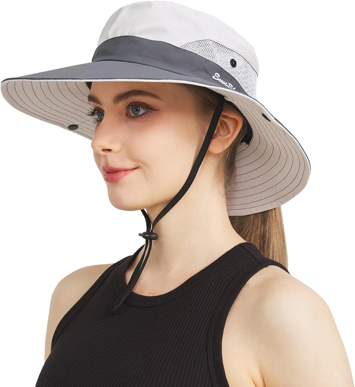 NPQQUAN Ponytail Sun Bucket Hats for Women Men Wide Brim UPF 50  Fishing & Beach Hats