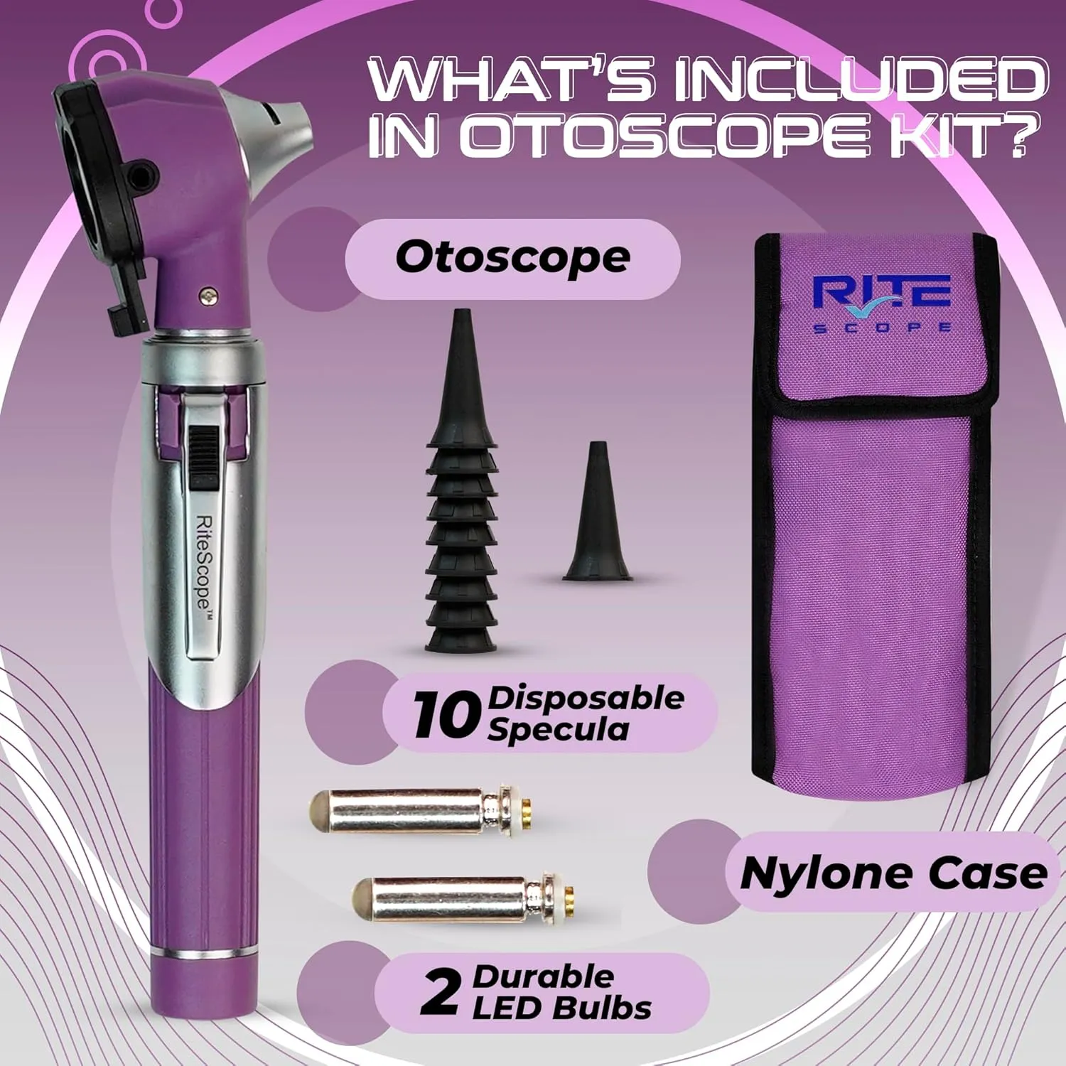 Otoscope with Light - Premium Otoscope Set with Fiber Optic Illumination - Ear Infection Detector - Ear Scope for Examination at Home-Purple